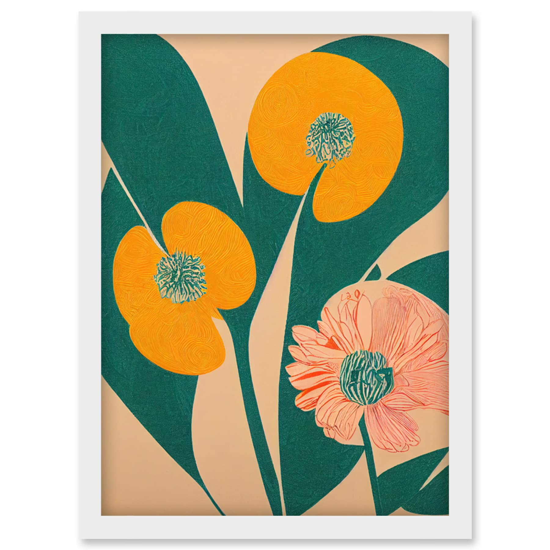 Wee Blue Coo California Poppy Flower Blooms Turquoise Leaves Bright Artwork Framed Wall Art Print A4