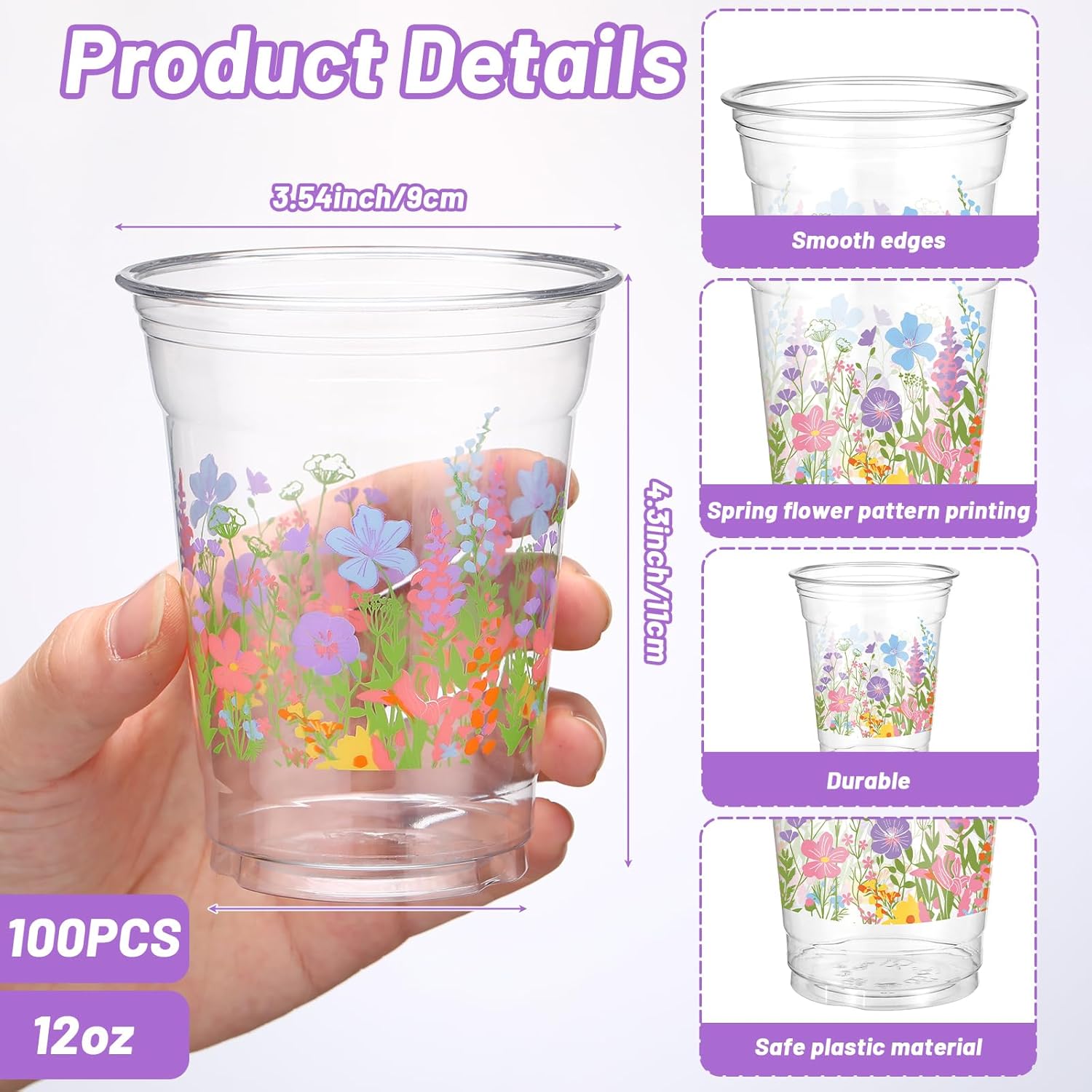 100 Pcs Wildflower Plastic Cups Bulk 12 oz Floral Cups Wildflowers Disposable Clear Plastic Drinking Cup for Spring Summer Floral Themed Birthday Wedding Bridal Shower Party Supplies
