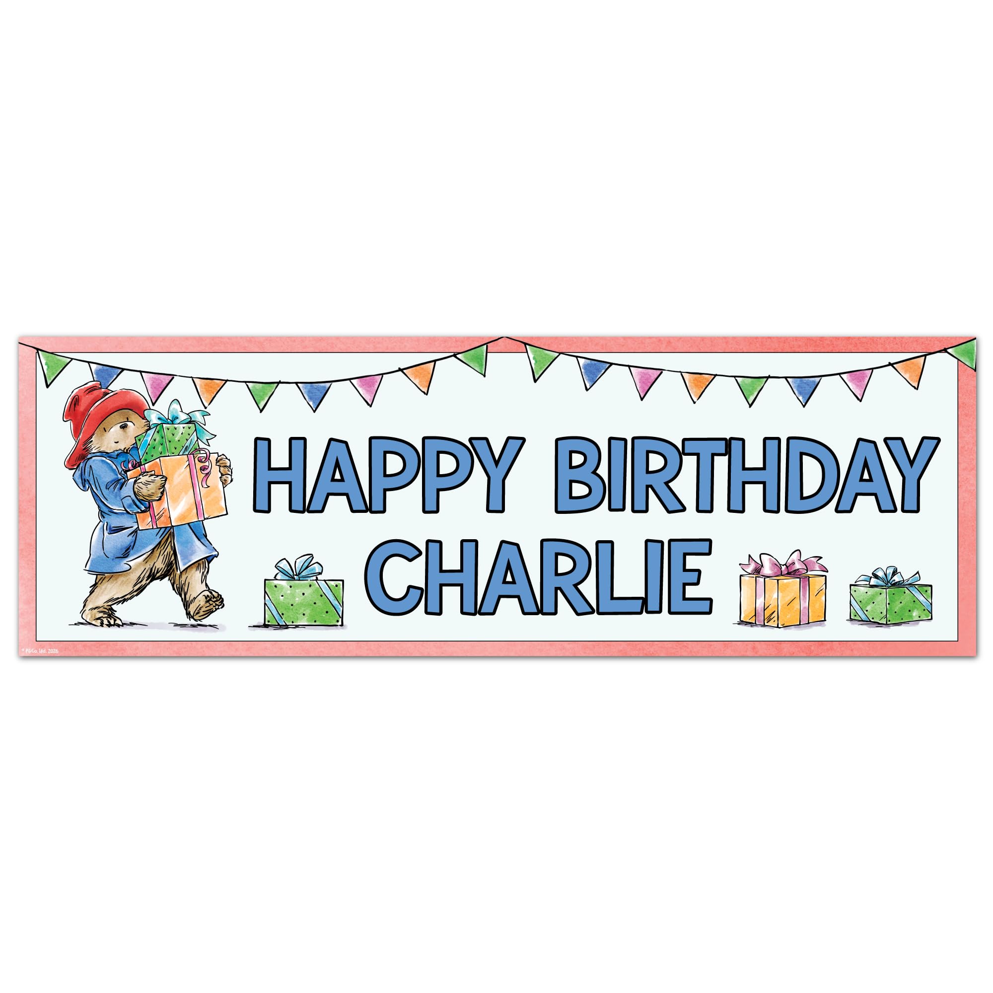 Paddington Bear Birthday - Paddington Holding Presents Personalised Name Banner Wall Sticker (90cm Width x 30cm Height)