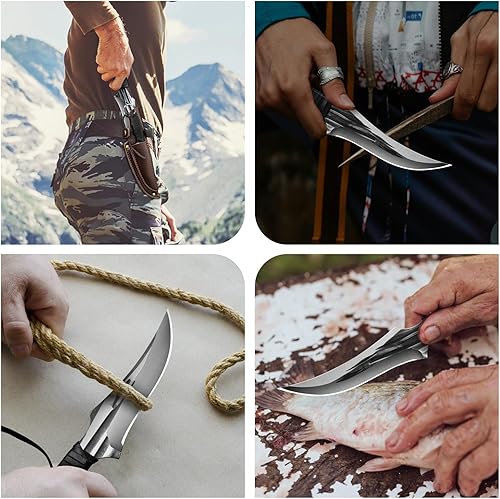 Miniatura 6 de Juego de 2 cuchillos tácticos de supervivencia con mango de espiga completa con funda para acampar al aire libre, pesca, cuchillo de caza de hoja