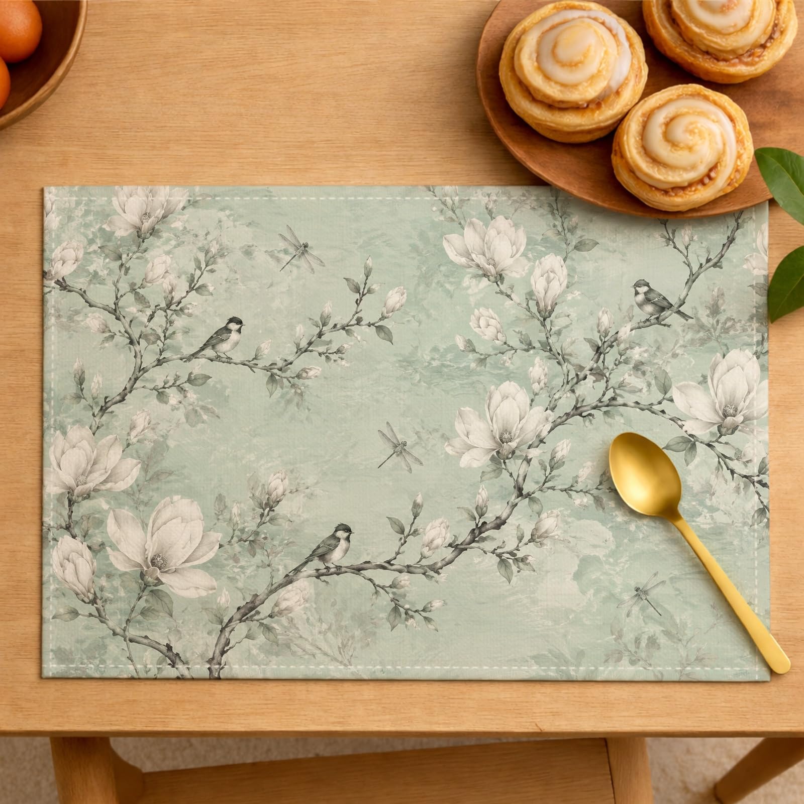 Sets de Table botaniques à Motif Floral de Magnolia et d'oiseaux, Lot de 6