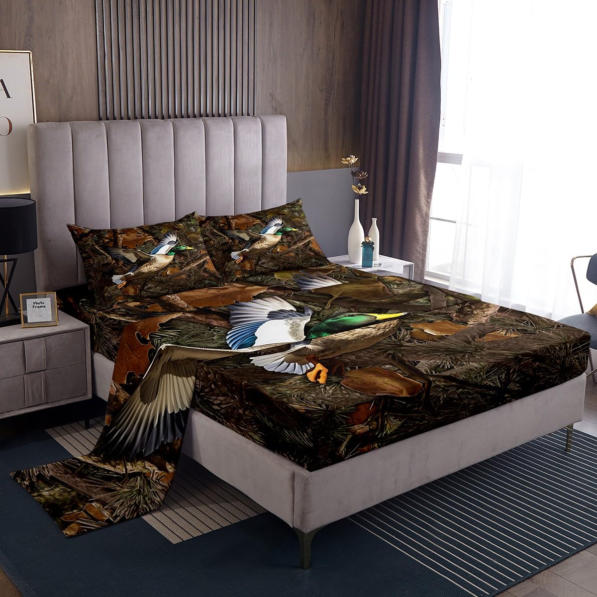 Duck Kids Sheet Queen Size Camo Dead Branches Rustic Farmhouse Bedding Set Girls Boys Adults Room Decor Bird