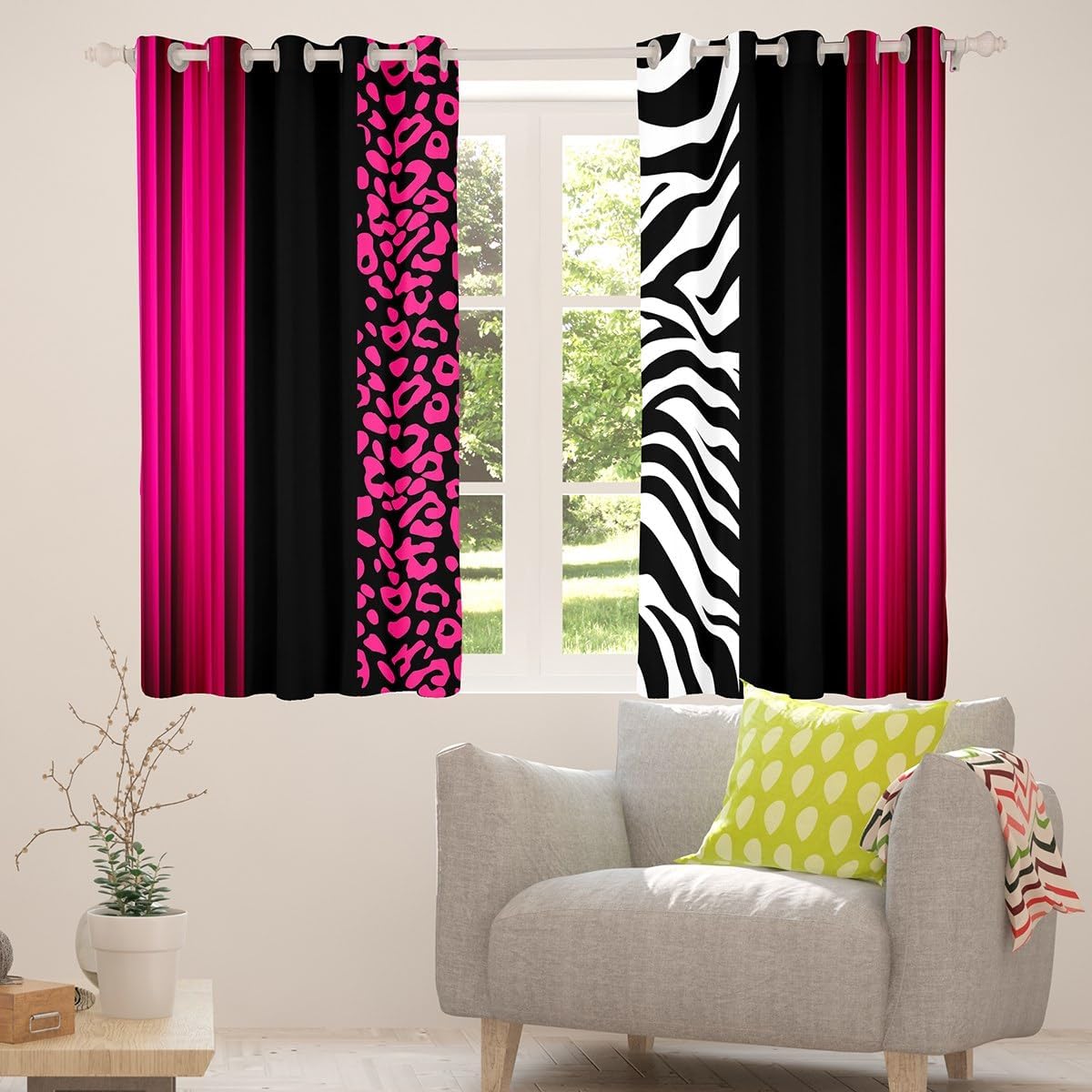 Feelyou Kids Leopard Zebra Curtains for Bedroom Living Room (2 Panels, 52 x 90 Inch) Ombre Hot Pink Black Darkening Dreapes Teens Decor Cheetah Blackout Curtains Animal Print Window Treatments