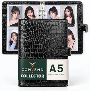 Convend A5 Kpop Photocard Binder with 30 Pack 4-Pocket Card Pages, 6 Ring Refillable Binder Album with 240 Card Slots, PU Leather Cover, Magnetic Closure, Trading Cards, Black Croc Textured