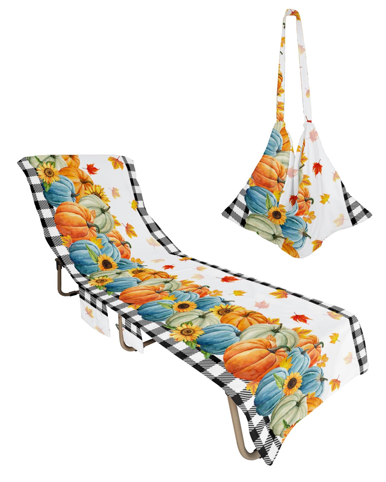 Blue Orange Teal Pumpkins Fall Beach Lounge Chair Towel Cover, Soft Chaise Lounge Towel with Side Pockets Patio Pool Chairs Cover for Beach/Pool Sunbathing 29x85 Black Plaid Maple Leaf Thanksgiving
