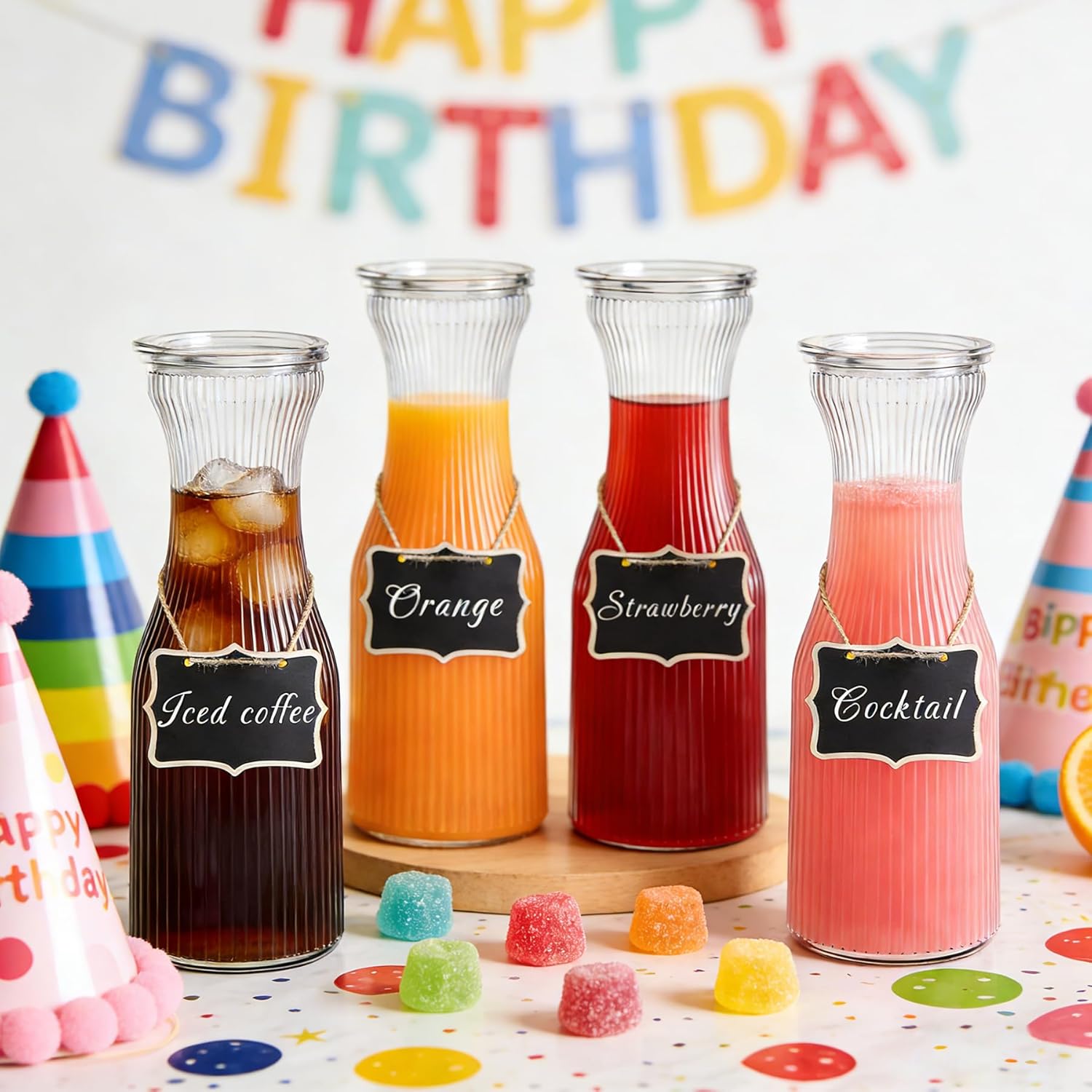 INSETLAN 1 Liter Glass Carafe with Lid, Set of 4- Juice Carafe for Mimosa Bar, Brunch,Parties, Beverage Serveware,Cold Brew Coffee, Juice, Milk, Iced Tea, Lemonade -Includes 4 Wooden Chalkboards - Image 2