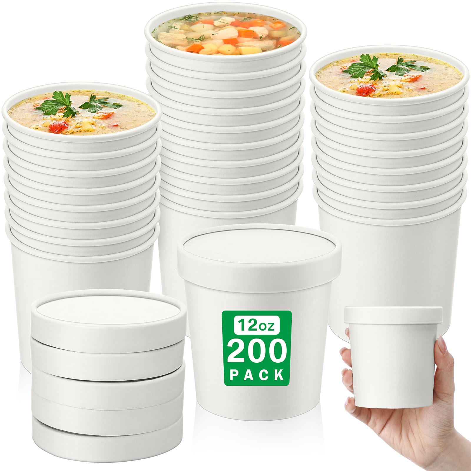 Irenare Set di 200 tazze usa e getta da 350 ml, con coperchio ventilato, per gelato, zuppe calde, contenitori per alimenti in carta, per il giorno del Ringraziamento, dessert, yogurt (bianco)