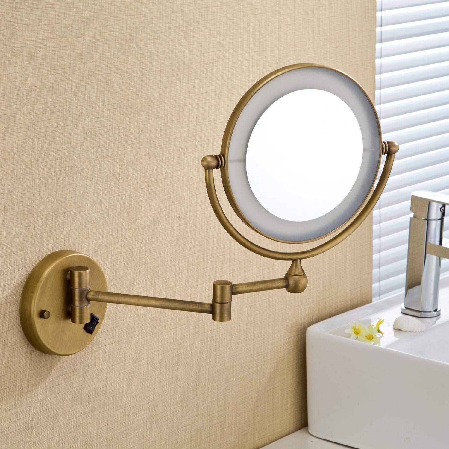 Wanym Wall Mounted Makeup Mirror with Lights, Extendable Mirror Antique Brass LED Light Makeup Mirrors 8" Round Dual Sides 3X /1X Mirrors Bathroom Cosmetic Mirror Wall Mount Magnifying Mirror