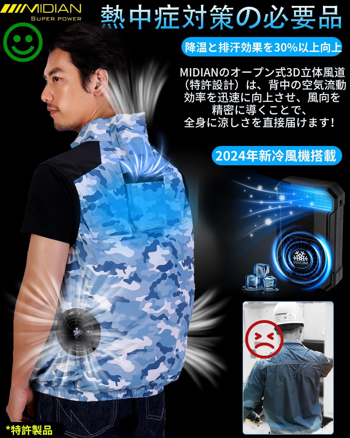 MIDIAN] 【30V超強力ファン付きベスト】30V冷風ベスト20000mAh ファン 
