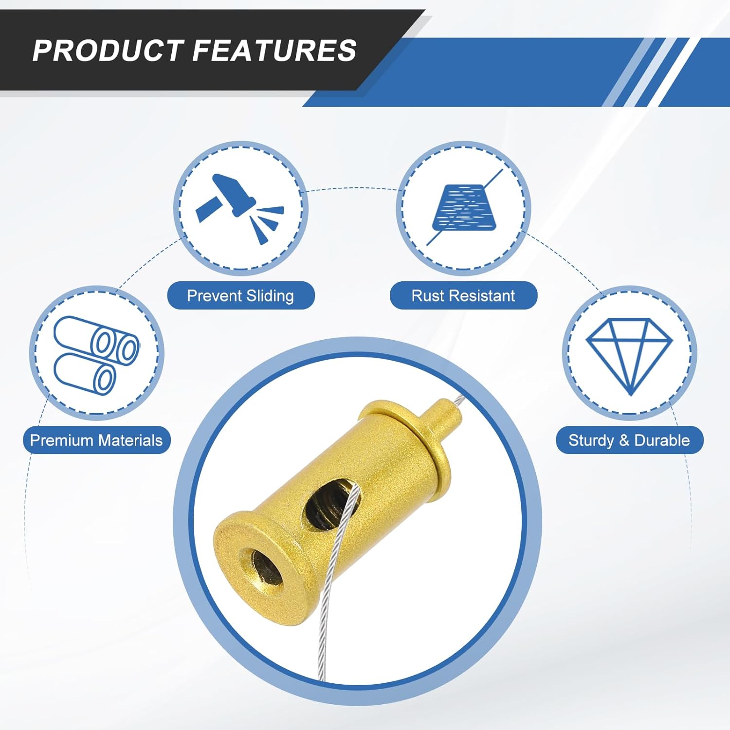 MECCANIXITY 4 Set Cord Grip Adjuster for 1/16" (1-2mm) Cable, Adjustable Steel Wire Rope Locking Clamp Connector with Mount Screw Kit for Chandelier DIY Lighting Fixtures, Sand Gold Tone