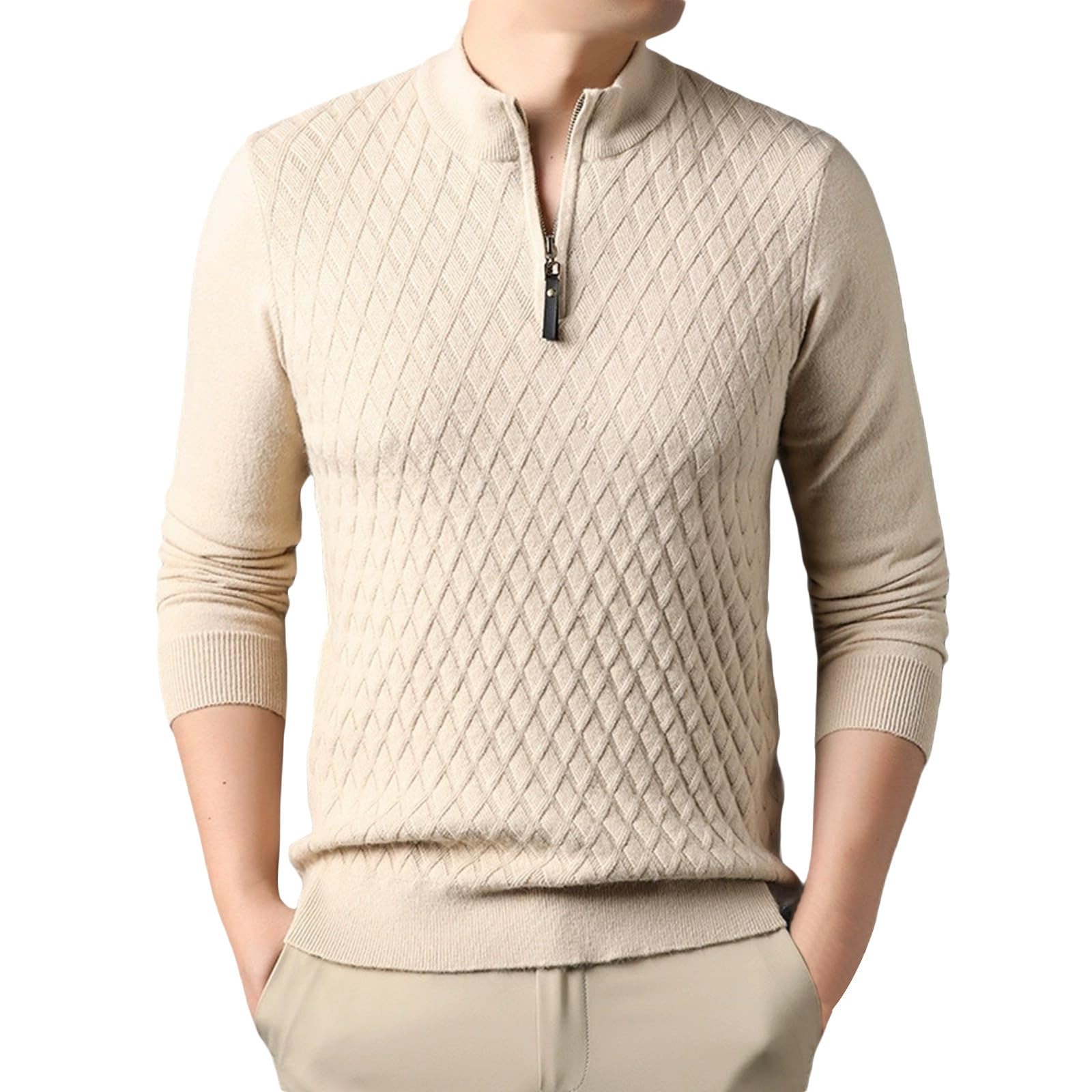 Pull Homme Col Zippé, Pull Homme Hiver,Pull d'hiver en Tricot à Motif Jacquard Texture Chaude Manches Longues Doux Confortable DéContracté pour L'Automne Isolation Thermique éLéGant Superposition