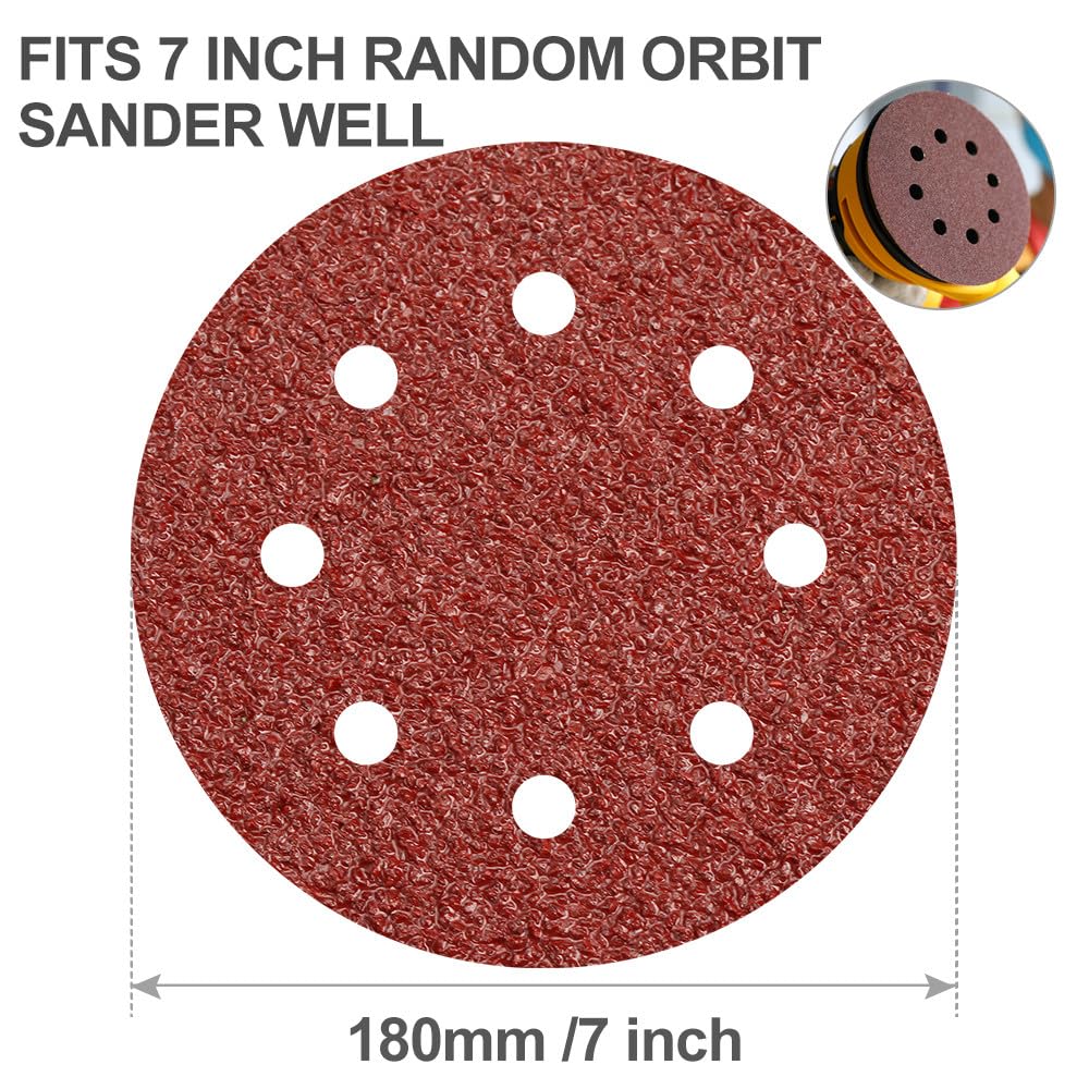 Tarcze szlifierskie na rzep 180 mm, 8 otworów, tlenek glinu, różne ziarnistości, 10 szt. do szlifowania drewna i metalu