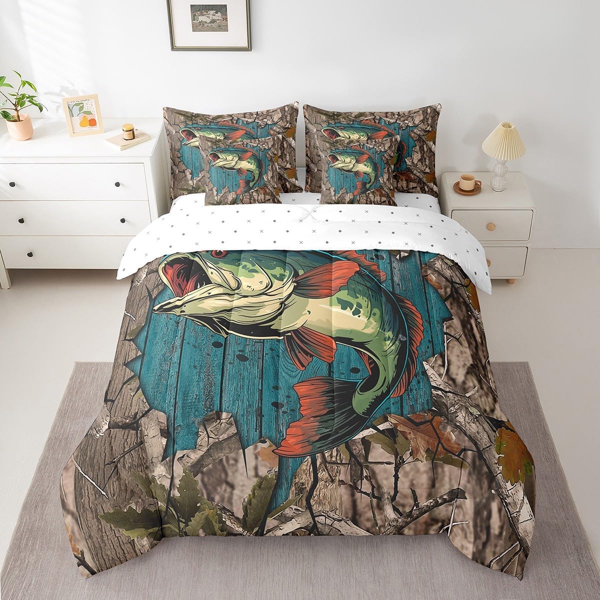 Feelyou Kids Pike Fish Bed in A Bag Full Size, Bass Big Fish 7 Pieces Bedding Sets Boys Girls Fishing and Hunting Comforter Set with Sheets Ocean Teens Bed Set Bedroom Decor
