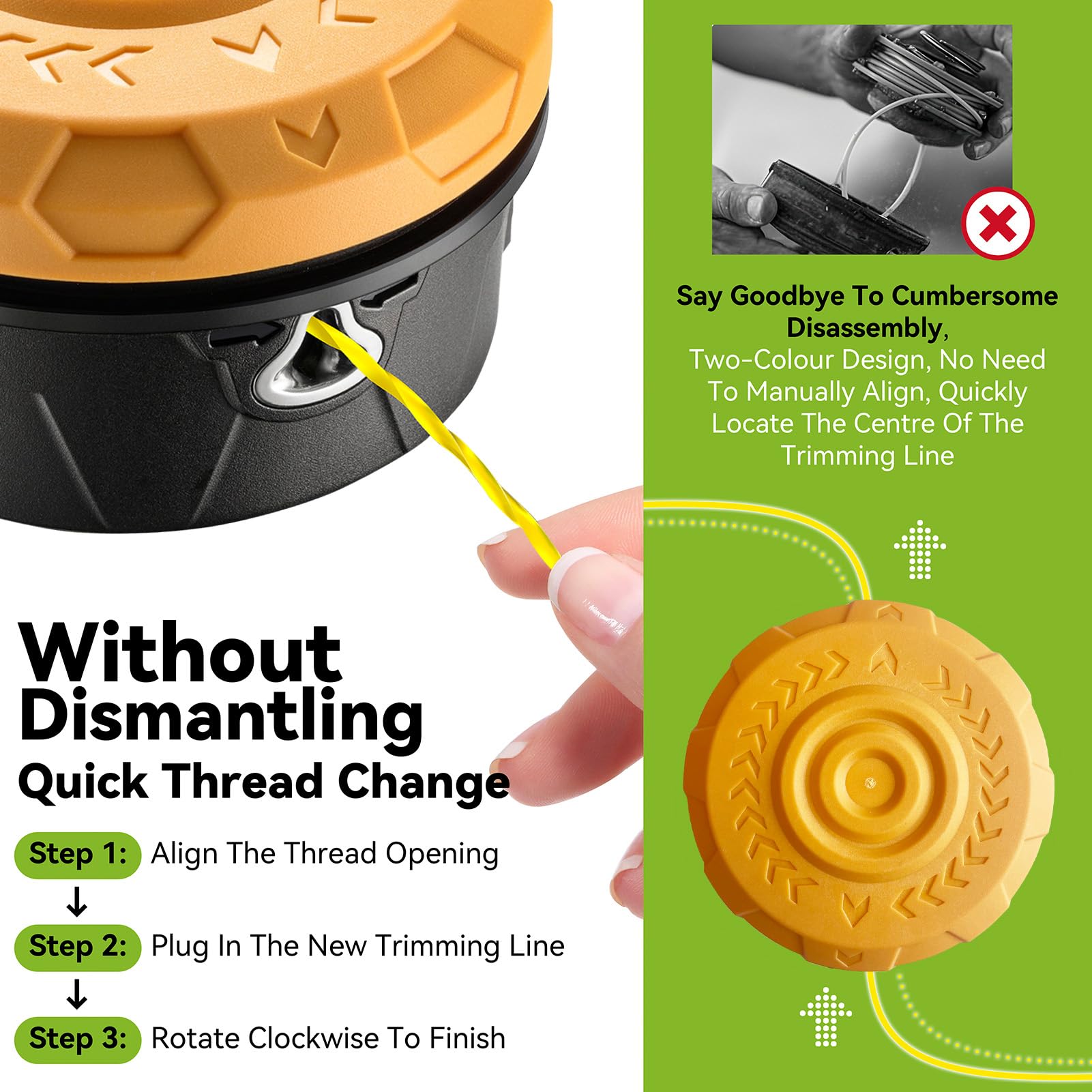Tête de Fil pour débroussailleuse Filetage Gauche avec système Tap & Go，Tête d'alimentation Facile pour Echo, Stihl, Ryobi – Livrée avec 4,2 m de Fil de Coupe (0,095") et 6 adaptateurs