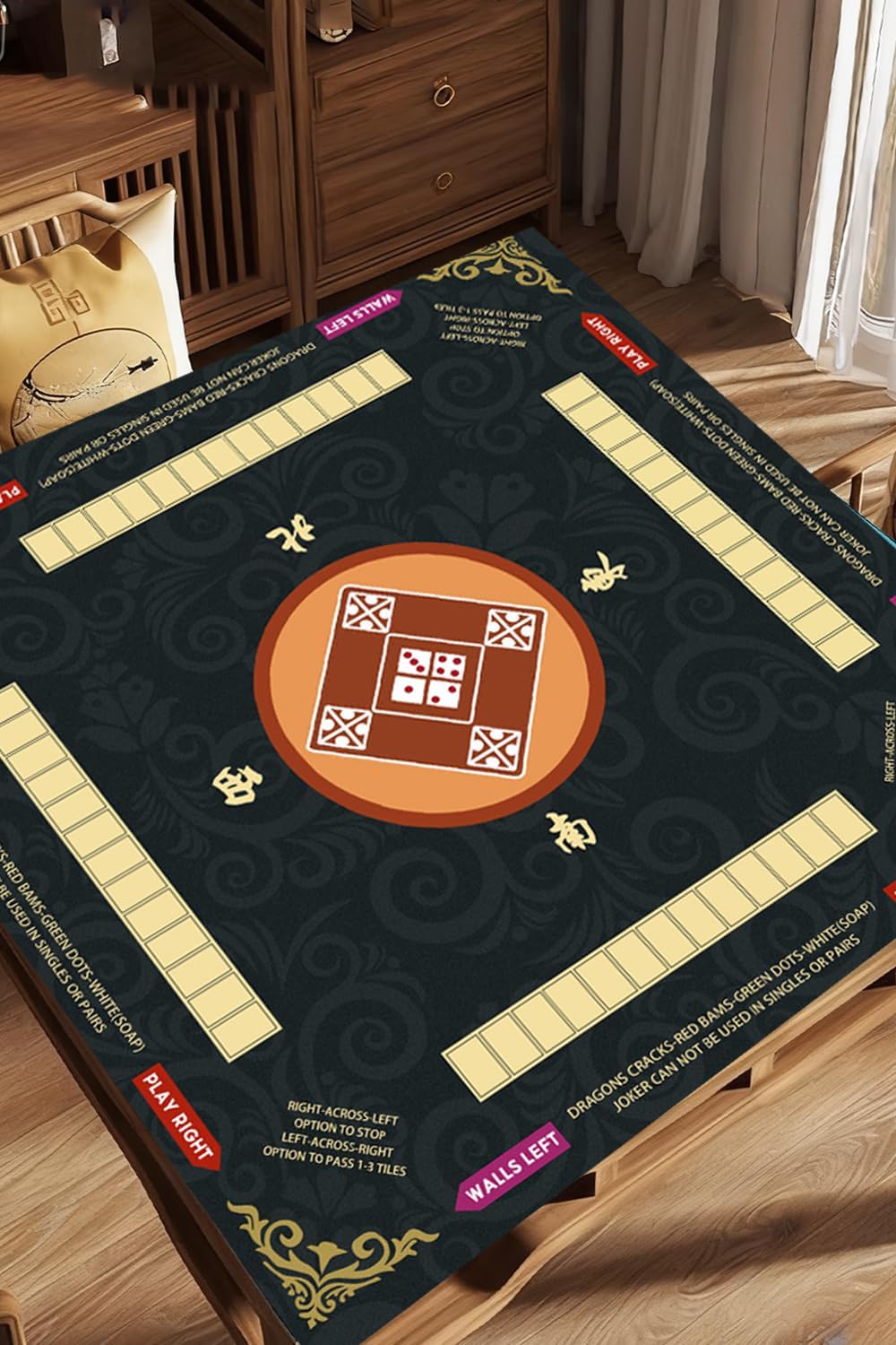 Neoprene Mahjong Mat for Table - Anti-Wrinkle Design & Foldable 31.5x31.5Inch American Mahjongg Table Mat with Learning Rules, Anti-Slip Noise Reduction Includes Carry Bag& 4 Dices(Black)