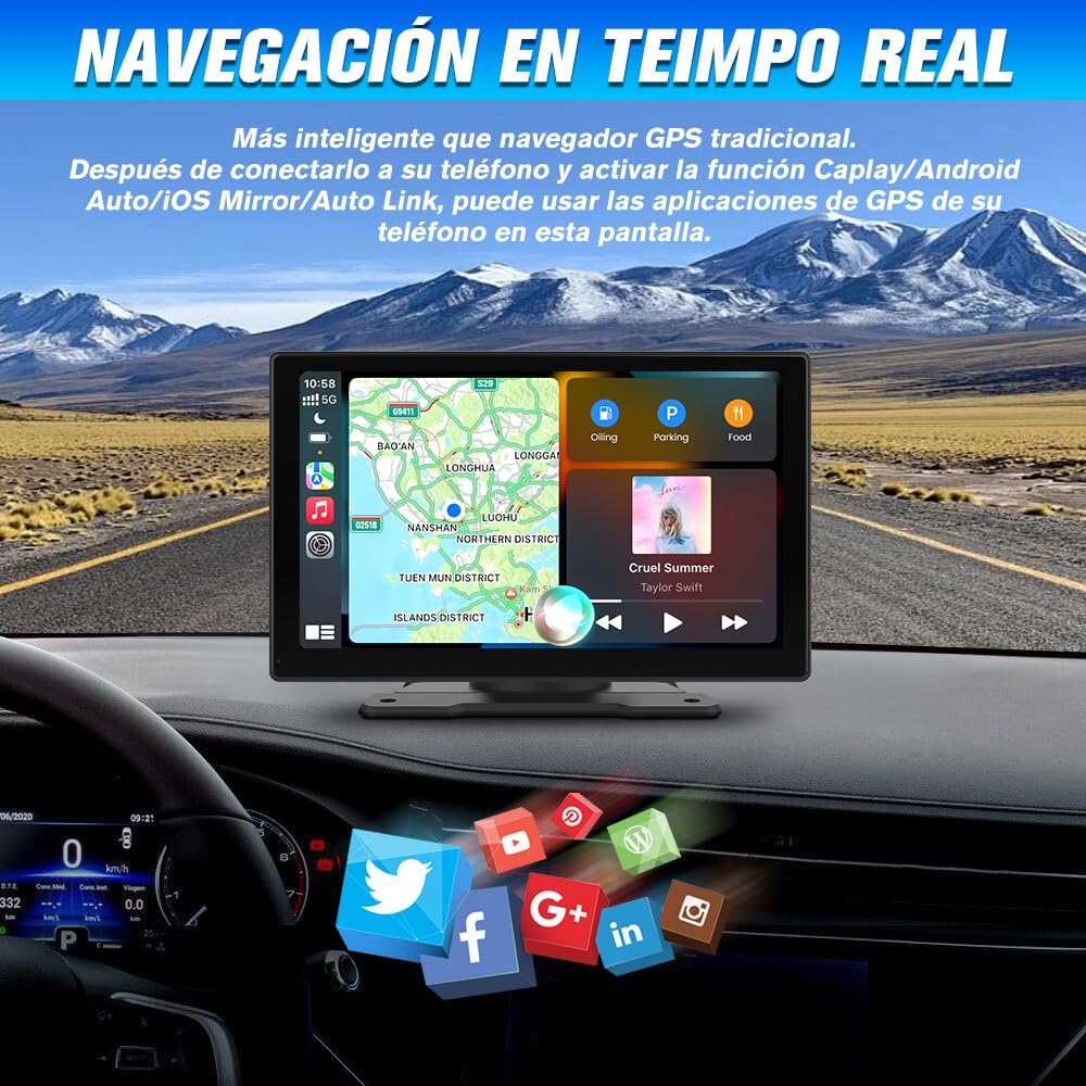 Pantalla Carplay para Coche con CarPlay/Android Auto Inalámbrico, Pantalla Táctil de 9 Pulgadas Portátil, Admite Bluetooth/Mirror Link/Control por Voz/USB/TF/AUX, Negra