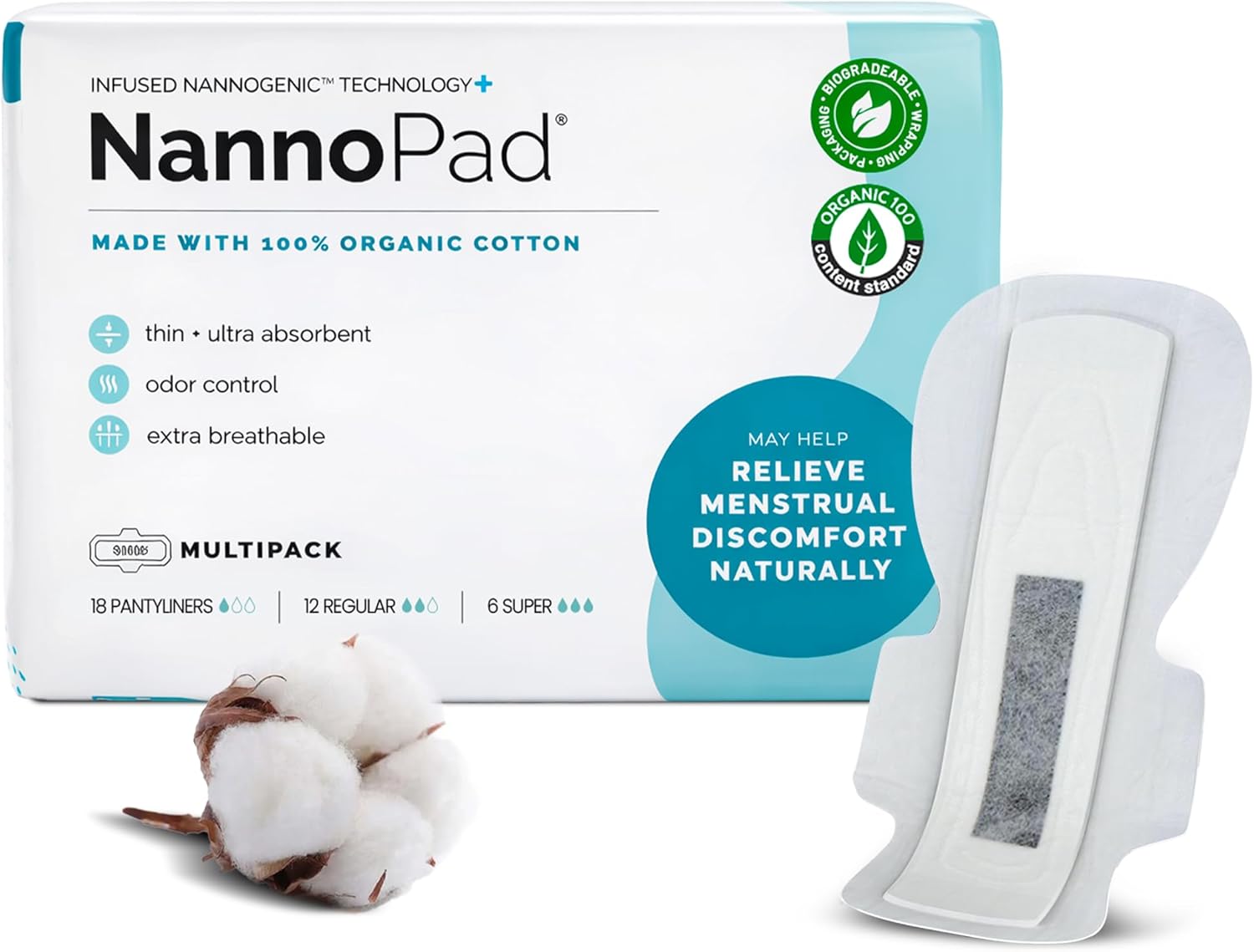 Multipack Pads and Pantyliners - Certified Organic Cotton Pads - Regular, Super and Pantyliners for Full-Cycle Protection - Minimize Odors (36 Count (Pack of 2)) Nannocare