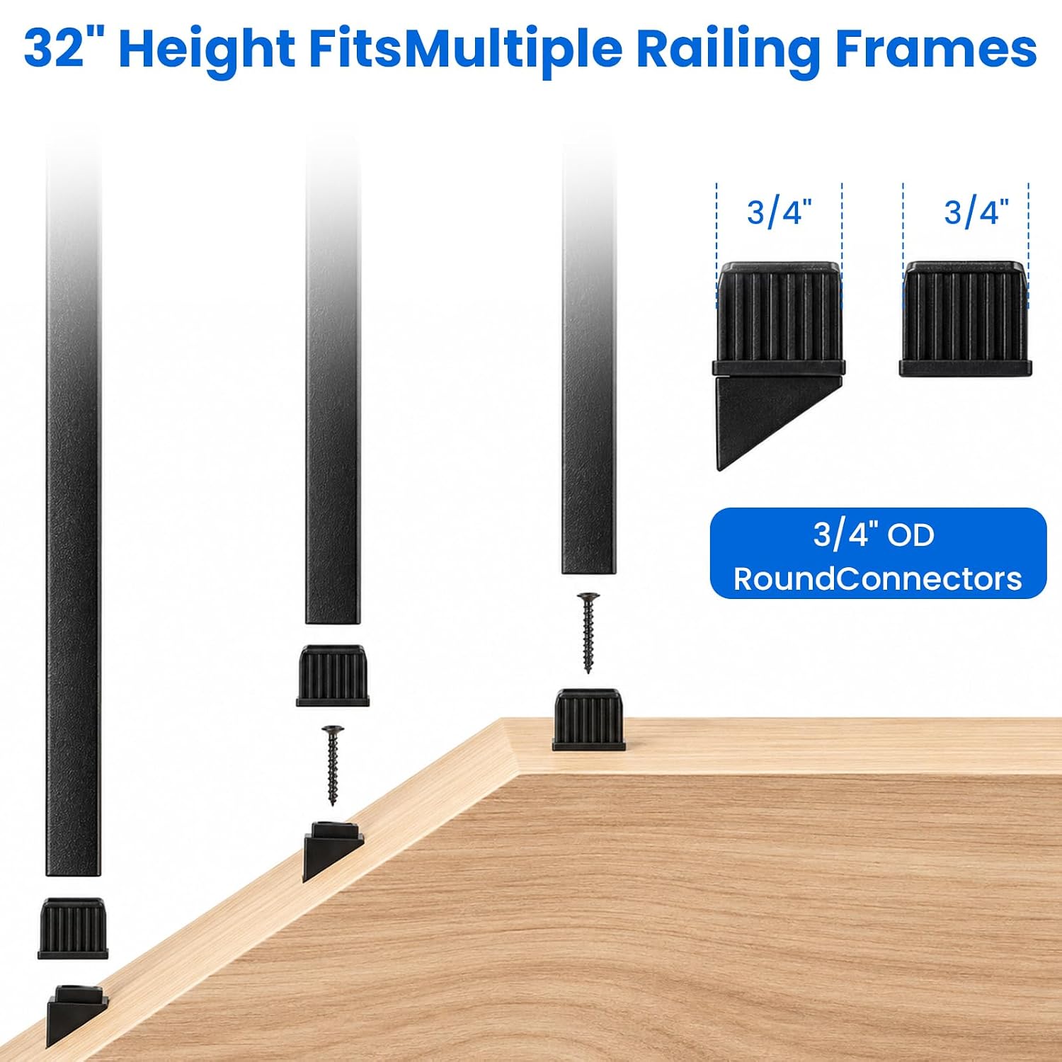 101 Pack 32" Square Aluminum Deck Balusters, 3/4" Black Aluminum Deck Spindles with Flat & Adjustable Angle Connectors, Hollow Metal Balusters for Wood Composite Deck Porch Stair Railing