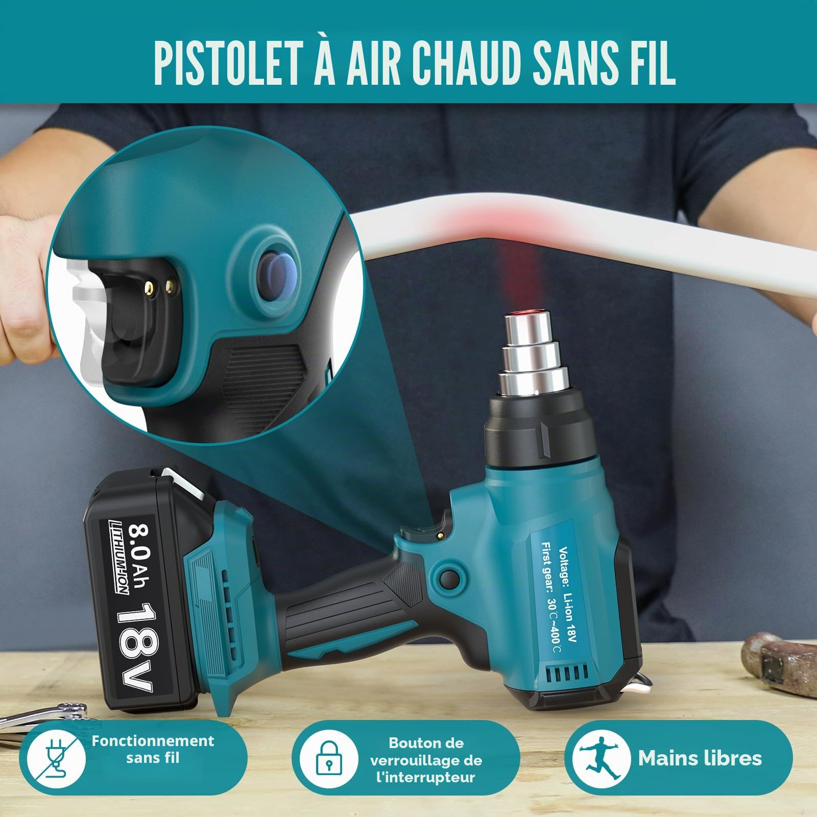 Décapeur Thermique Makita 18V Pistolet à Air Chaud Sans Fil 30-400℃ Température Réglable 4 Buses