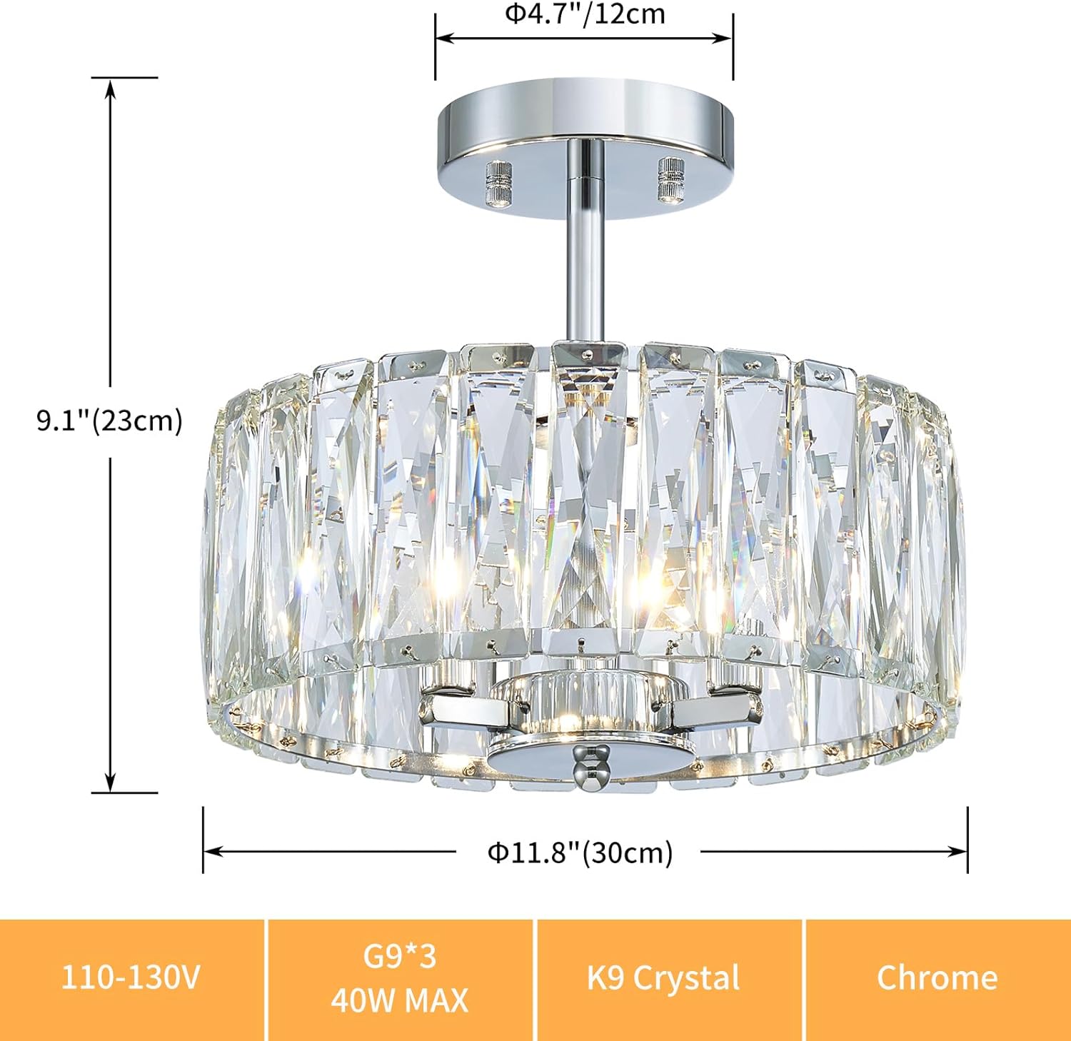 Crystal Ceiling Light, 3-Light Modern Semi-Flushmount Ceiling Light for Living Room, Dinning Room Hallway, D12xH9inch, Chrome Finish Frame & K9 Crystal