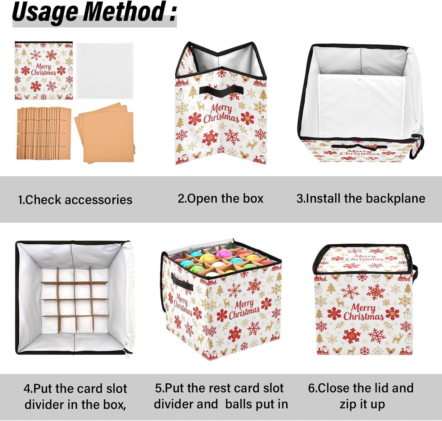 High Capacity Christmas large ornament storage Holds Up to 64, Adjustable Dividers, Zippered Top, Two Handles Holiday Storage Case with Lid,White Merry Christmas Gold Snowflake