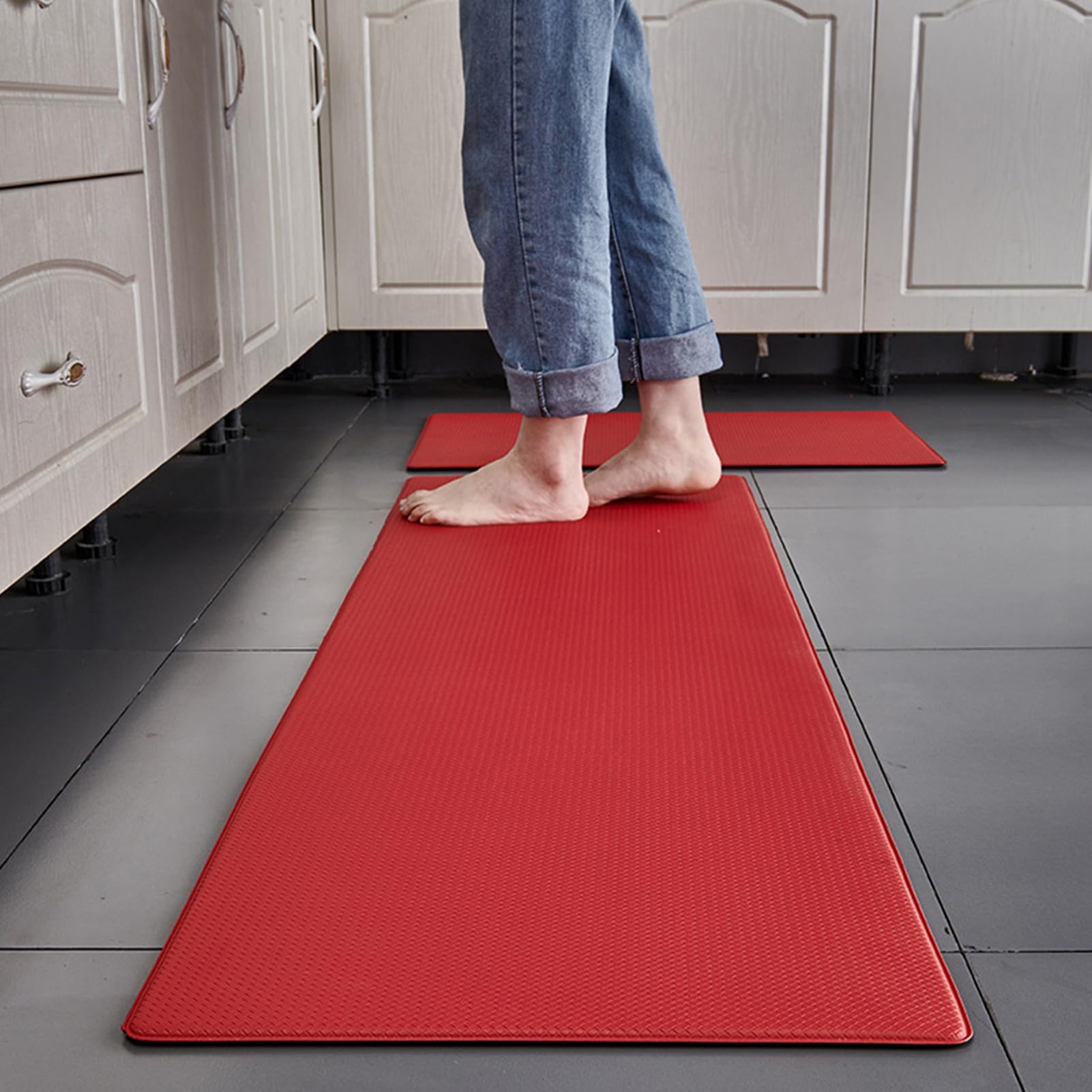 Alfombrilla de Cocina, Alfombra Antifatiga, Felpudos para Felpudos, Tapete De Cocina, Alfombras Cocina Lavable, PVC Impermeable y Resistente al Aceite (Rojo,45 x 150cm)