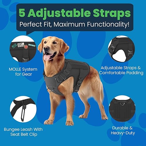 Miniatura 2 de Juego de arnés táctico ajustable y correa para perro, chaleco MOLLE sin tirones con asa, clip para correa frontal, gancho y parche - Perfecto para