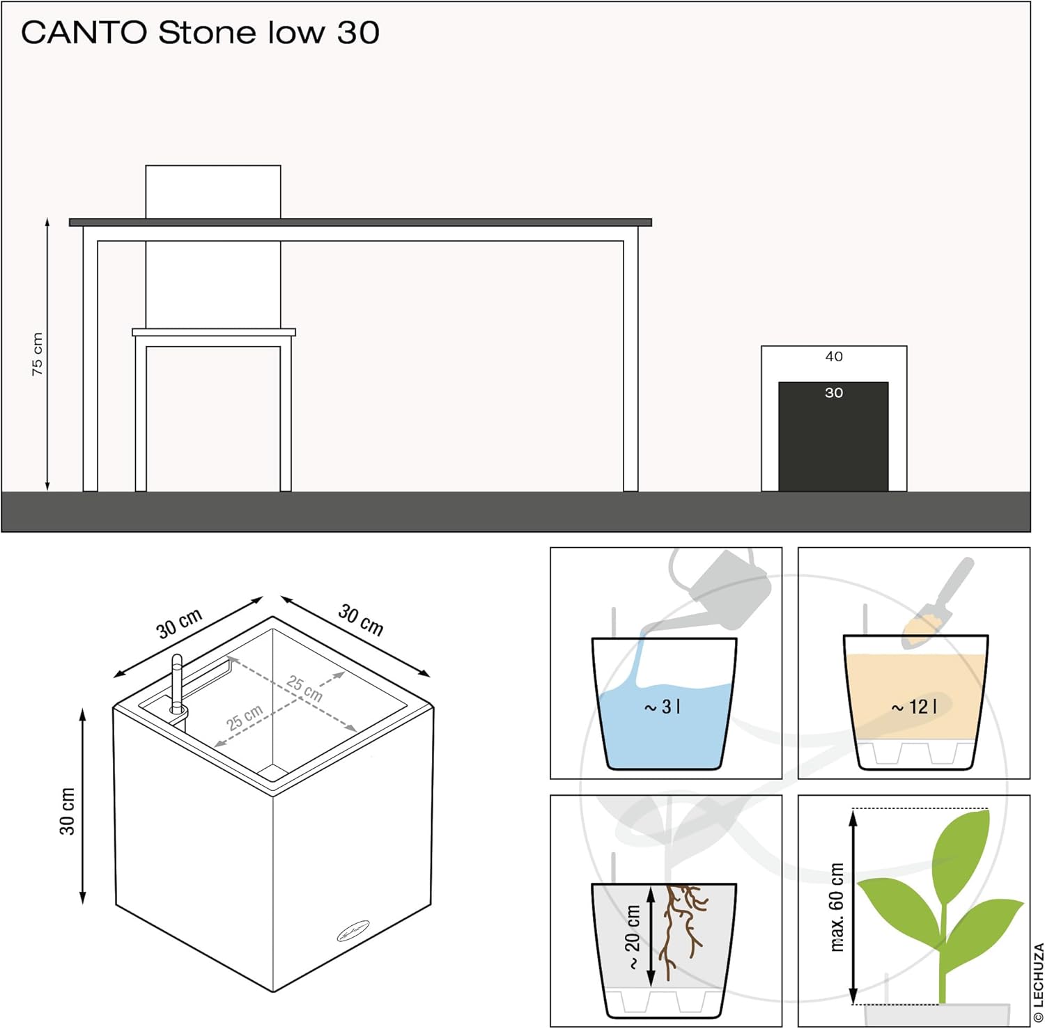 Lechuza Canto Stone Low 30 Quartz White, Self-Watering Square Planter, H11.8 L11.8 W11.8 in