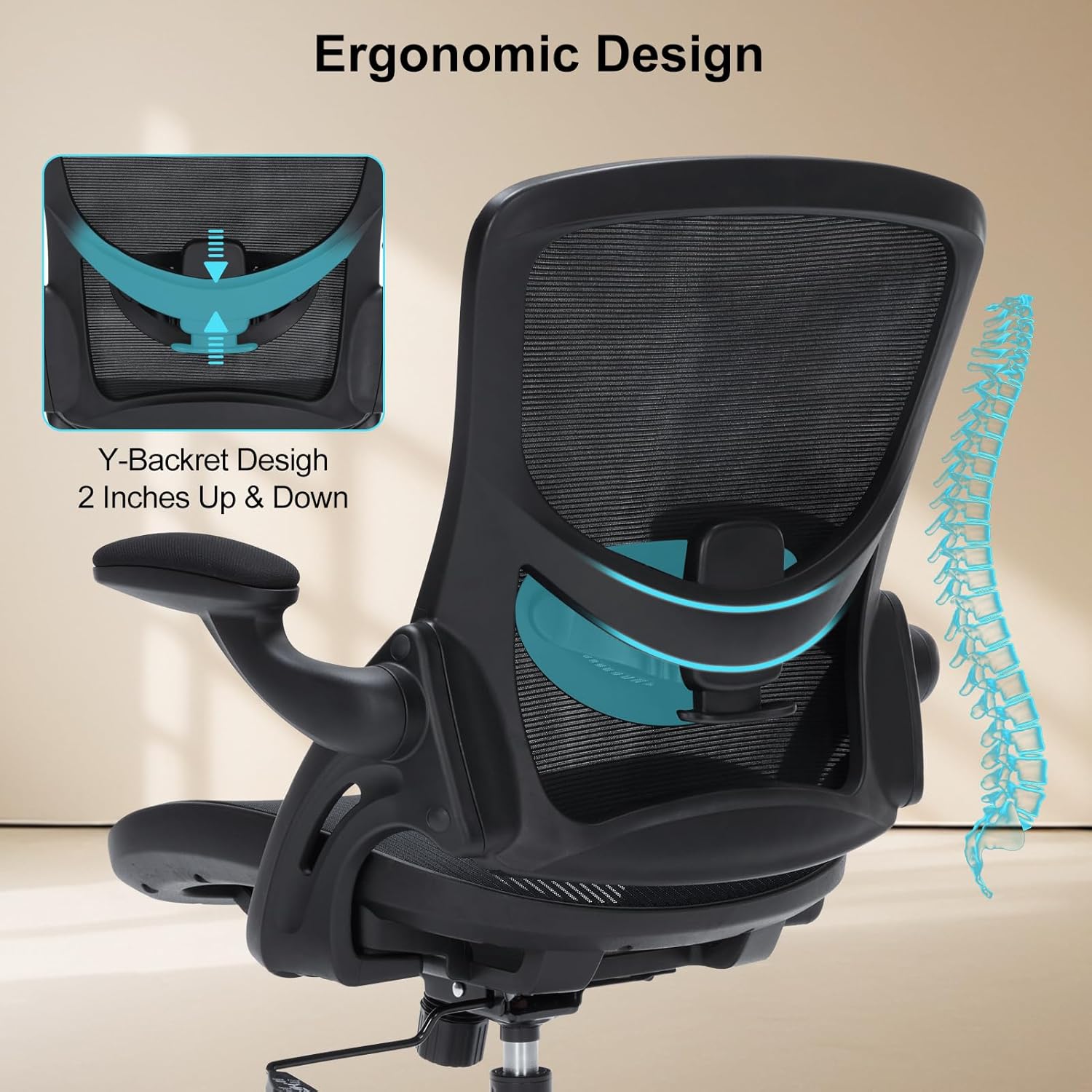 Office Chair, Ergonomic Desk Chair with Adjustable Lumbar Support, Comfy Breathable Mesh Chair with Wheels and Flip-Up Armrests, Executive Chairs for Home Office Comfortable Chair with Rolling Swivel - Image 5