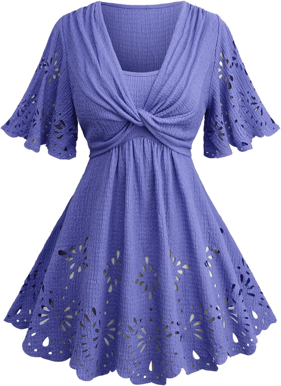 ROSE GAL Plus Size Women Flutter Sleeve Flowy Tops Laser Cutout Twist Front Textured Crinkly Short Sleeve Summer T-Shirt