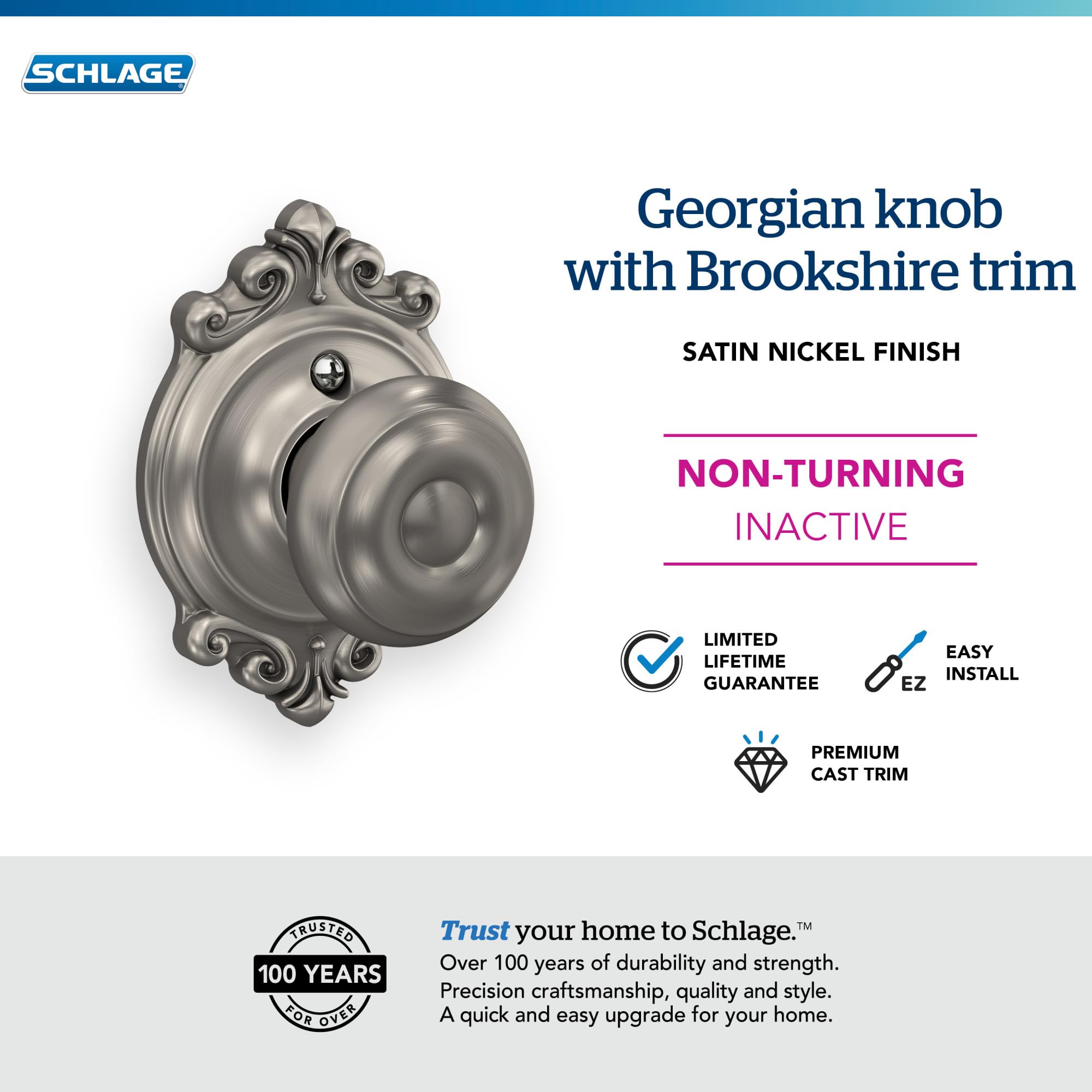 Schlage F170 GEO 619 BRK Brookshire Collection Georgian Decorative Trim Knob, Satin Nickel, One Sided Non Turning - Image 3