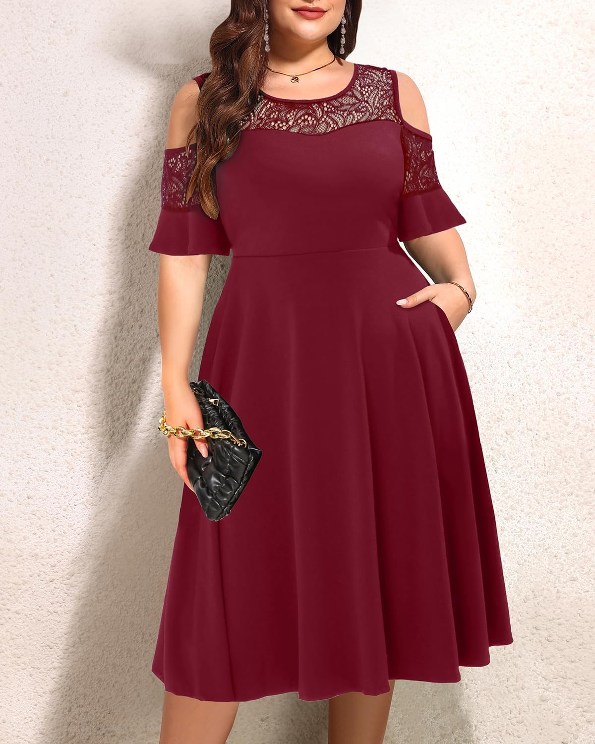 Plus Size Cocktail Dress - Graduation Cold Shoulder Lace Midi Dresses with Pockets - Image 2