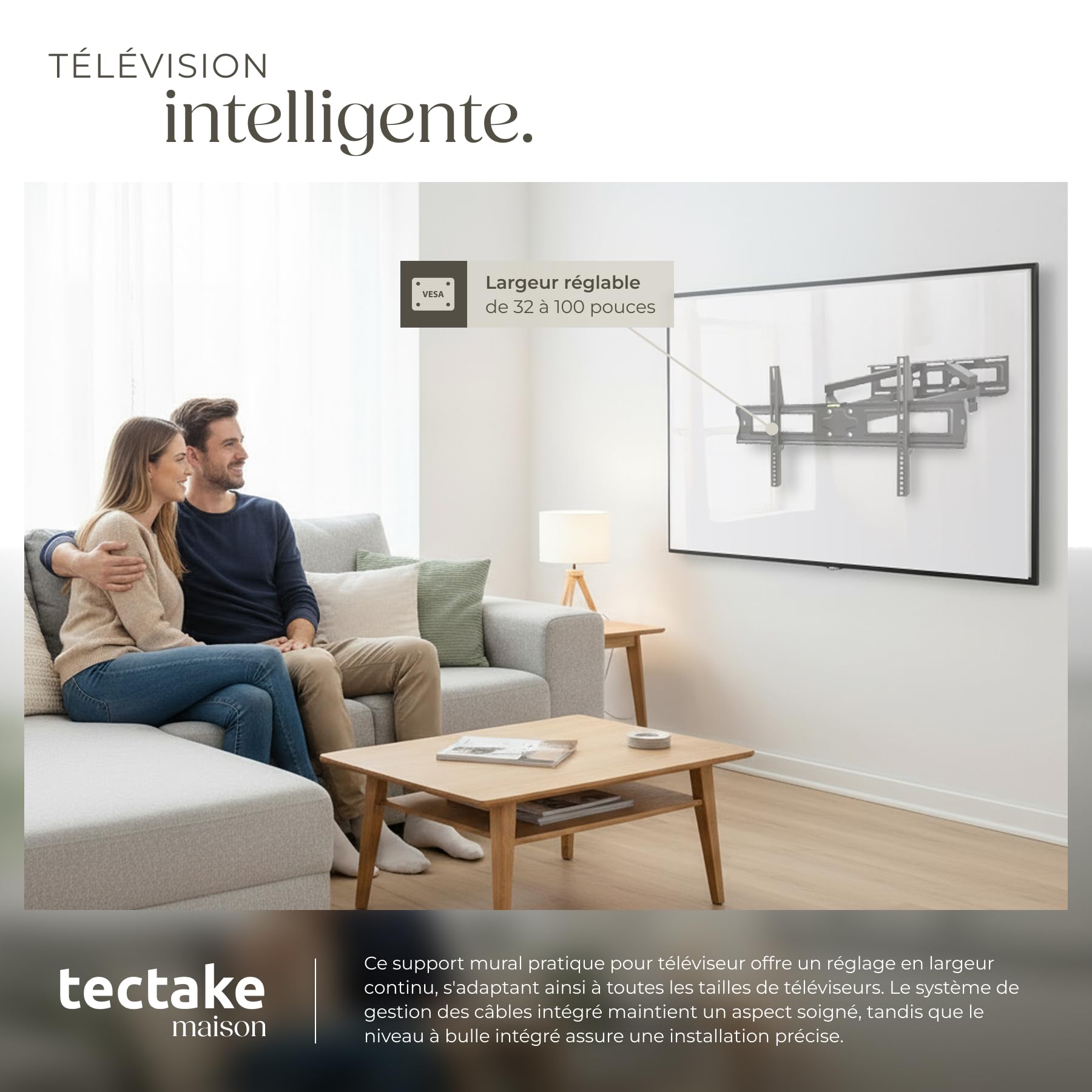 tectake® Support TV mural Téléviseurs 32"-100" (81 à 254cm) Support mural TV inclinable, orientable Accroche Television Mural, VESA max 600x400, Charge max 120kg, Support TV, Écart mur réglable 8-52cm