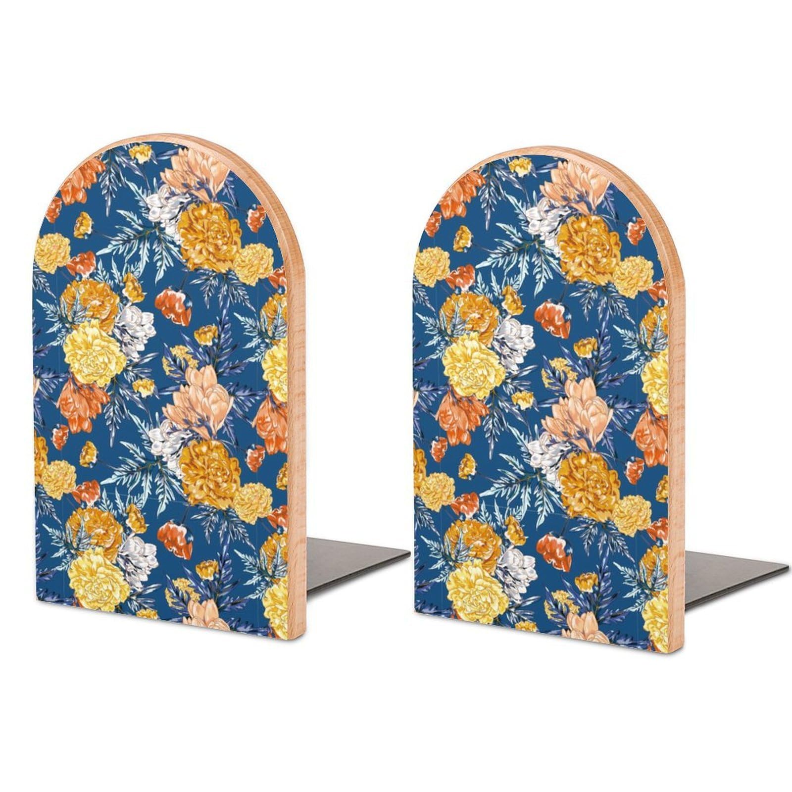 Yellow Rose Seamless Vector Wallpaper Beech Wood Bookends Heavy Duty Book Organizers Desktop File Holder for Office Home Bookshelf