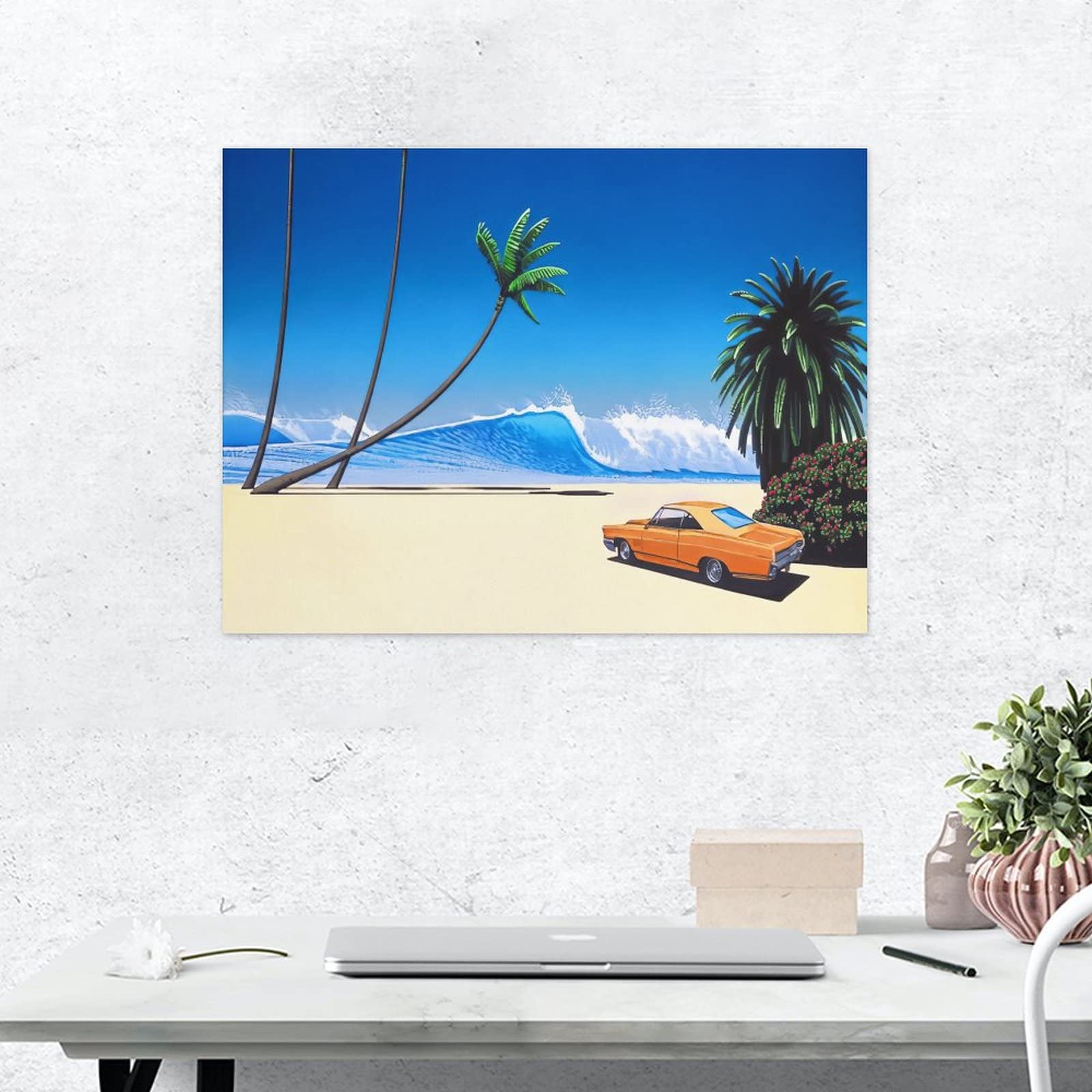 Amazon.co.jp: 絵画 オレンジ車大きな波ヤシの木ビーチインテリア 絵画