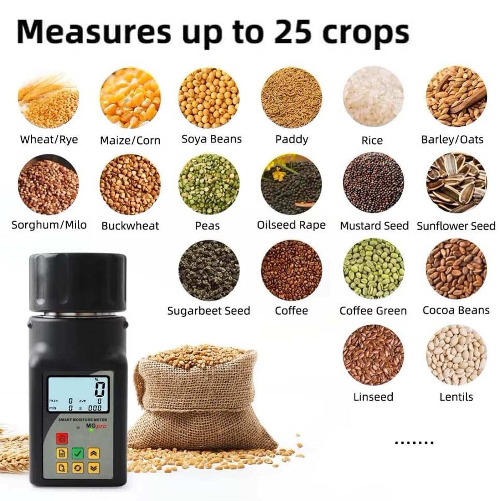 Medidor de Humedad de Grano Inteligente, Medidor de Humedad de Grano de Taza PortáTil con LCD Retroilluminato per 25 Grani 99 Memorizzazione Dati Compensazione Automatica della Temperatura