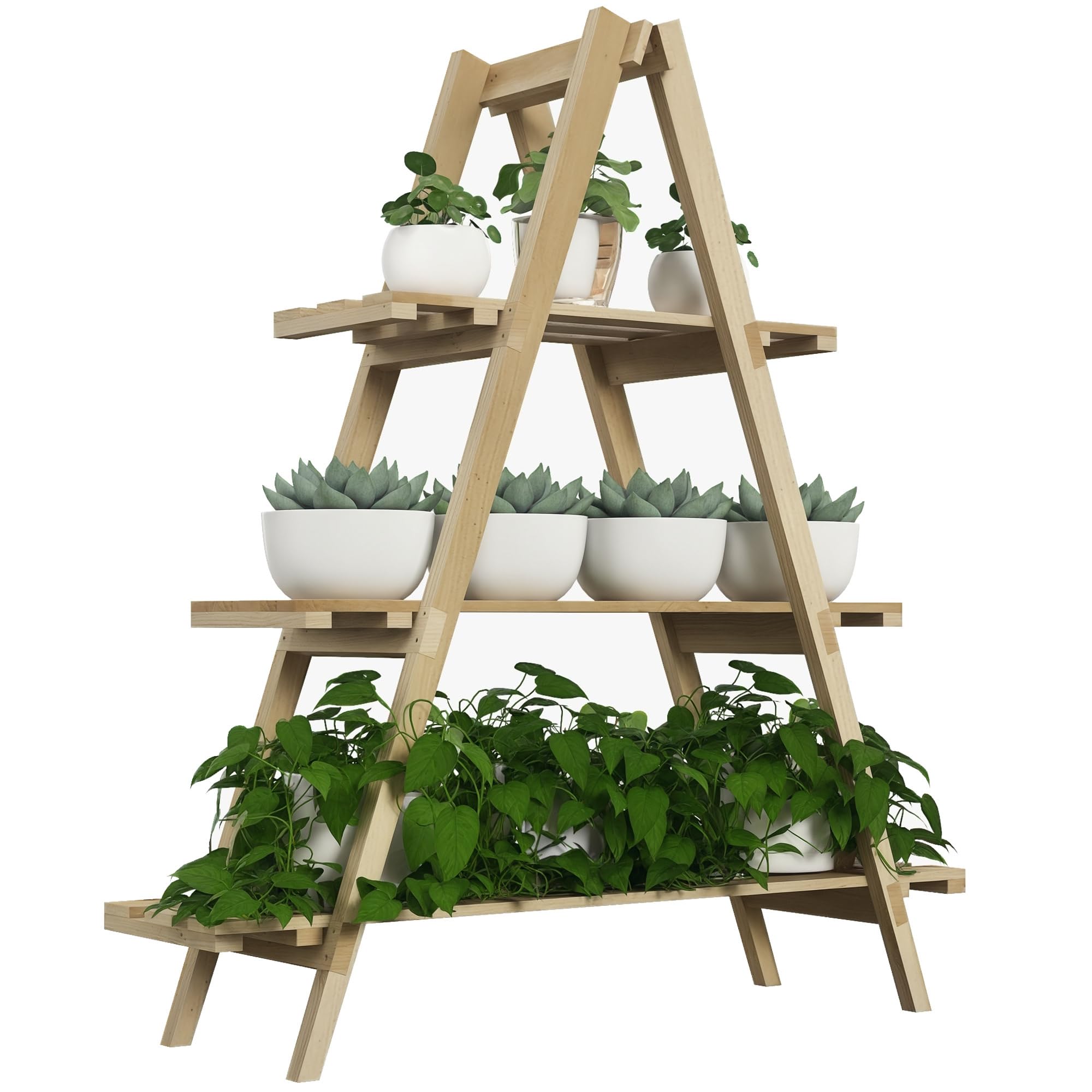 Outsunny Scaffale Porta Piante Verticale a Doghe 100x36x112 cm Color Legno | 3 Livelli Pieghevole, Fioriera in Legno di Abete, per Esterni