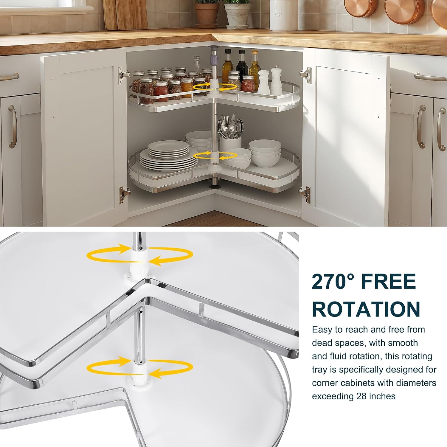Generic 2 Tiers Blind Corner Cabinet Kidney Lazy Susan Adjustable Height Chrome Corner Cabinet Lazy Susan for Kitchen Blind Shelf (Canno