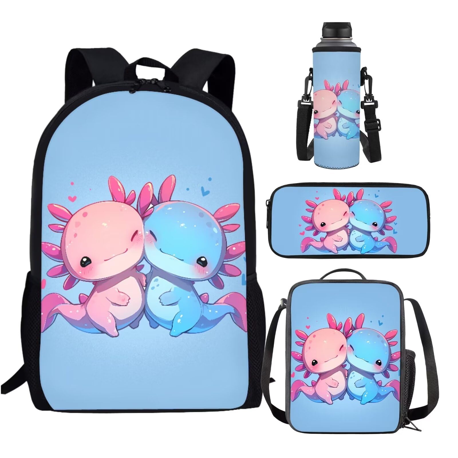 SCRAWLGOD Kawaii Axolotl School Backpack for Girls 10-12 with Lunch Box Salamander Kids Bookbag Lunchbox Elementary Student Book Bag for Girls 8-10/6-