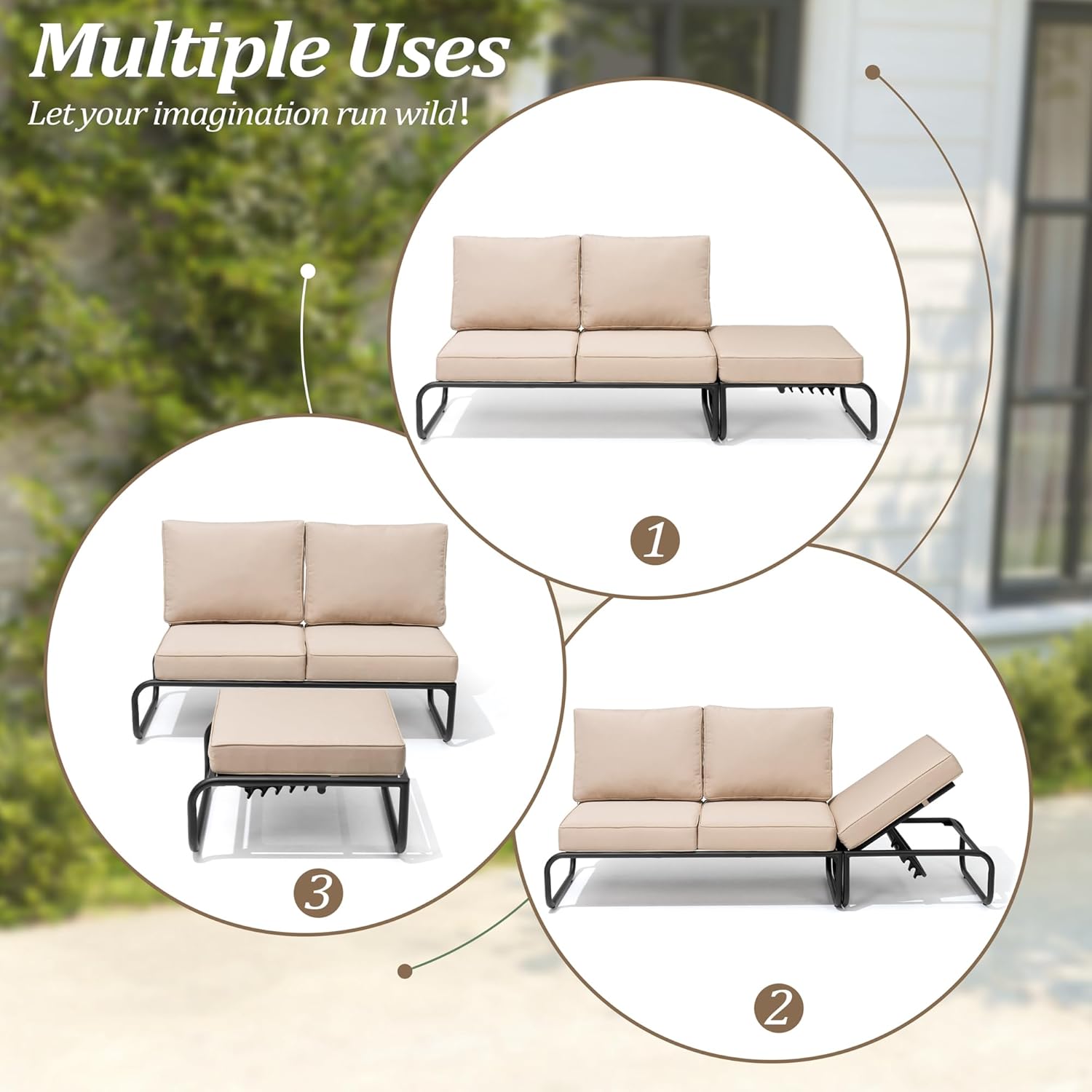 3PCS Aluminum Outdoor Furniture Sets with Cushion Patio Sectional Sofas with Adjustable Backsest, Patio Conversation Set for Pool, Backyard, Garden, Beige