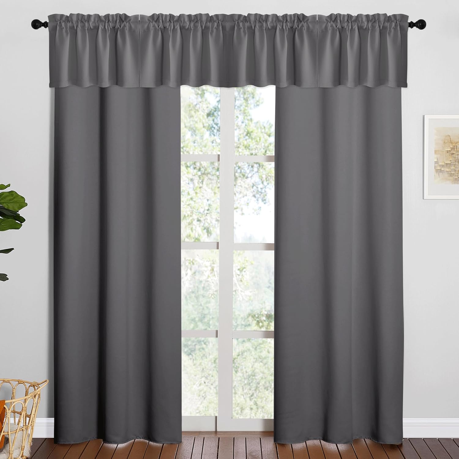 NICETOWN 2 Panles 42 x 78 inches Long Grommet Blackout Window Curtains with 4 Panles 42 x 16 inches Length Blackout Valances for Bedroom Living Room Decor, Grey