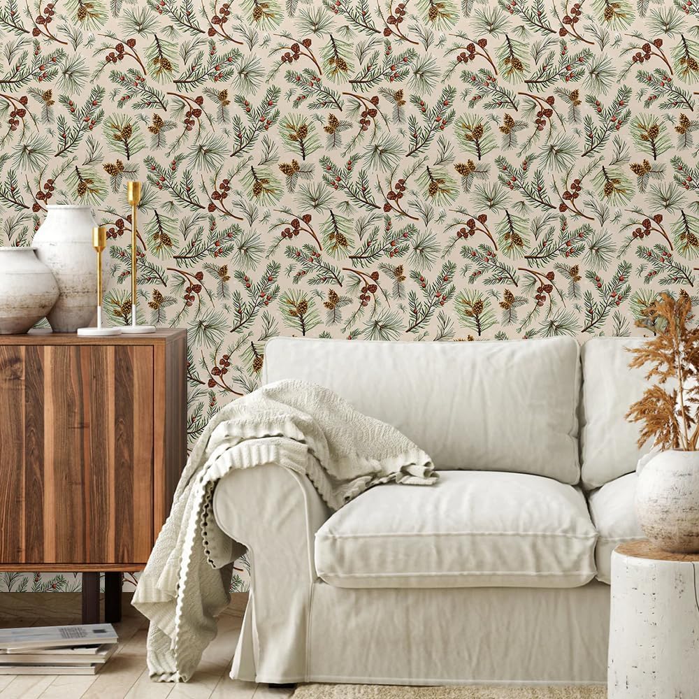 Rustic Cream Beige Green Pine Tree Cone Leaf Christmas Peel and Stick Wallpaper Contact Paper Vintage Vinyl Stick on Wall Paper for Bedroom Bathroom Kitchen Cabinet Renter Friendly