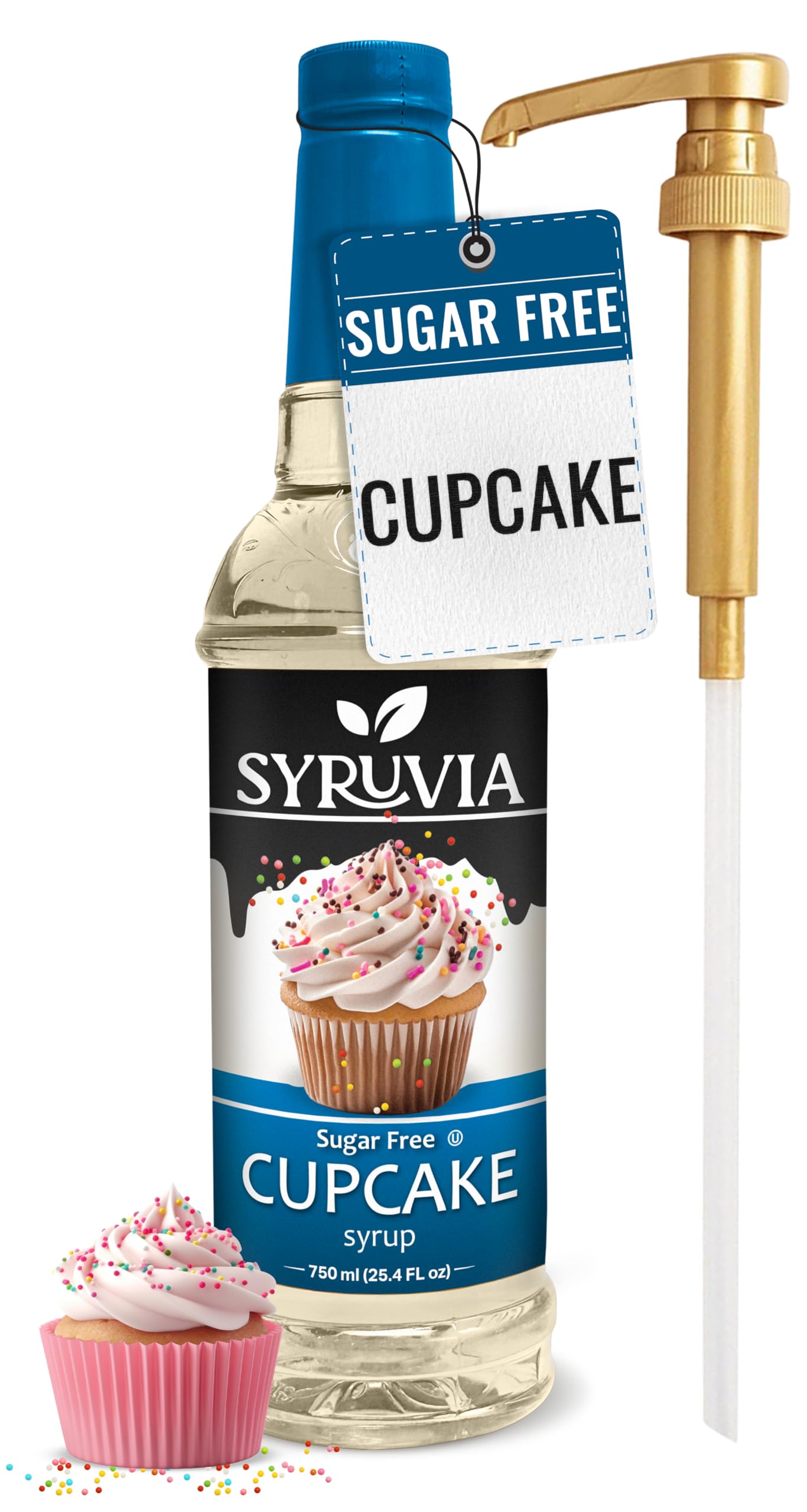 Syruvia Sugar Free Coffee Syrup, Cupcake Flavored Syrup for Drinks, Lattes, and Desserts – 25.4 fl oz, With Pump