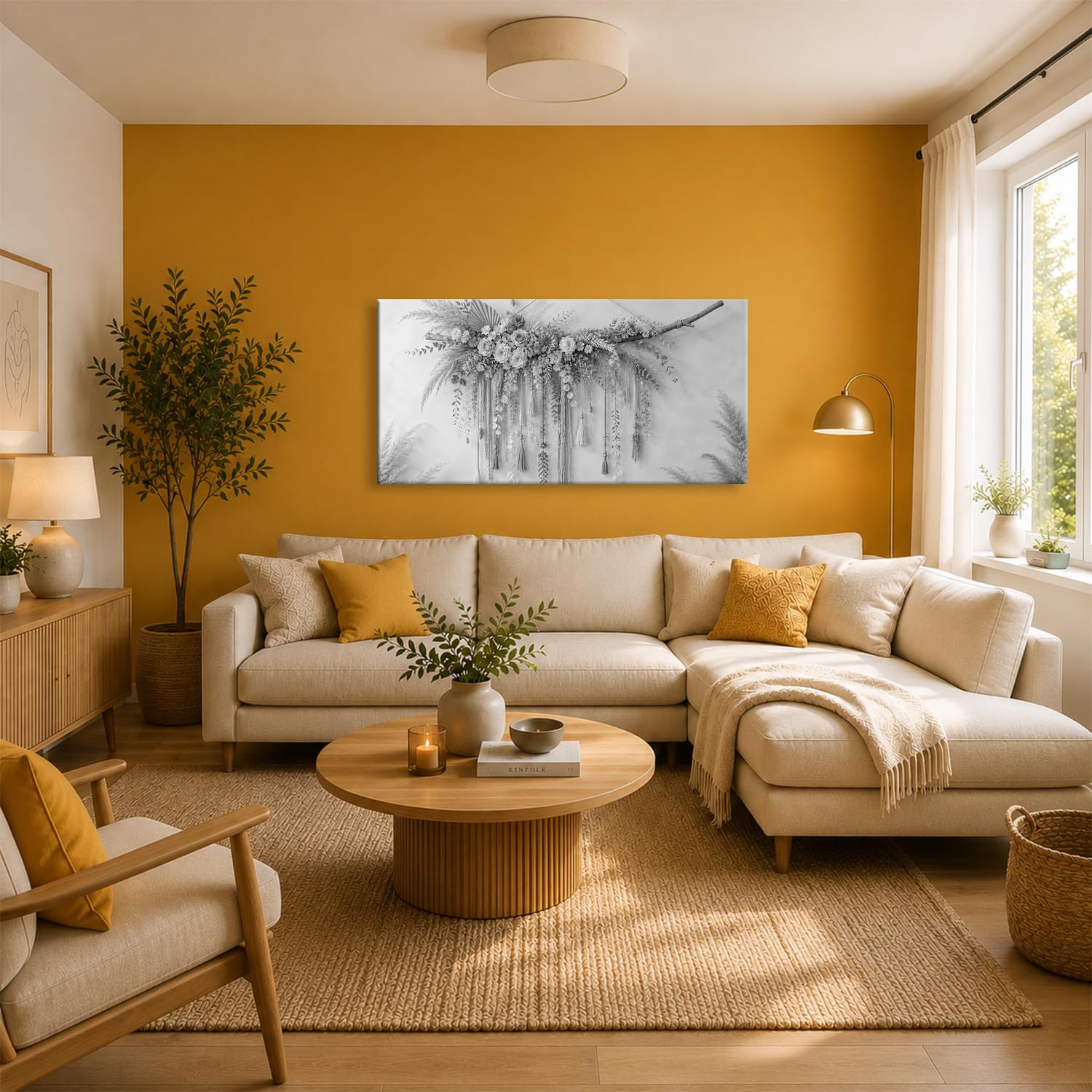 Leinwandbild Trockenblumen und Quasten an einem Ast 120x60cm Schwarz&Weiß