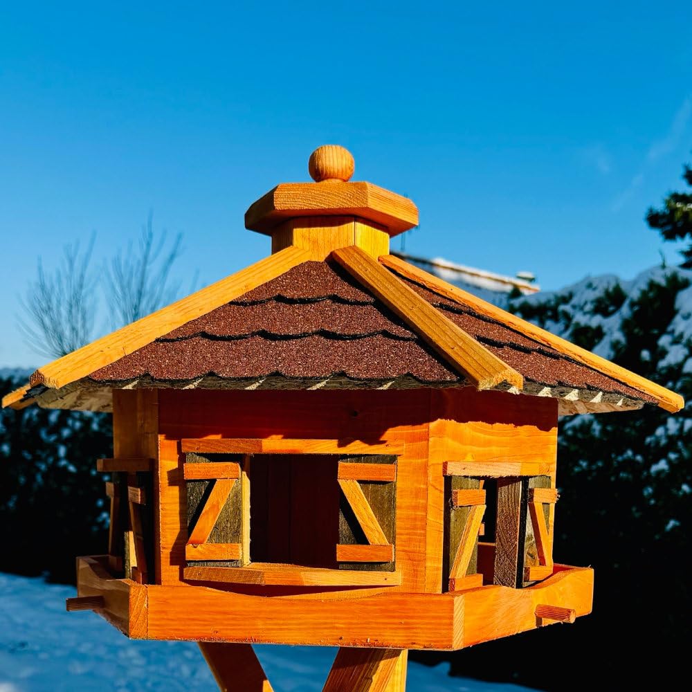 Casetta per uccelli esagonale realizzata a mano, in legno, resistente alle intemperie, XL, con e senza supporto, mangiatoia, mangiatoia, tetto in bitum (rosso, marrone, XL senza supporto)