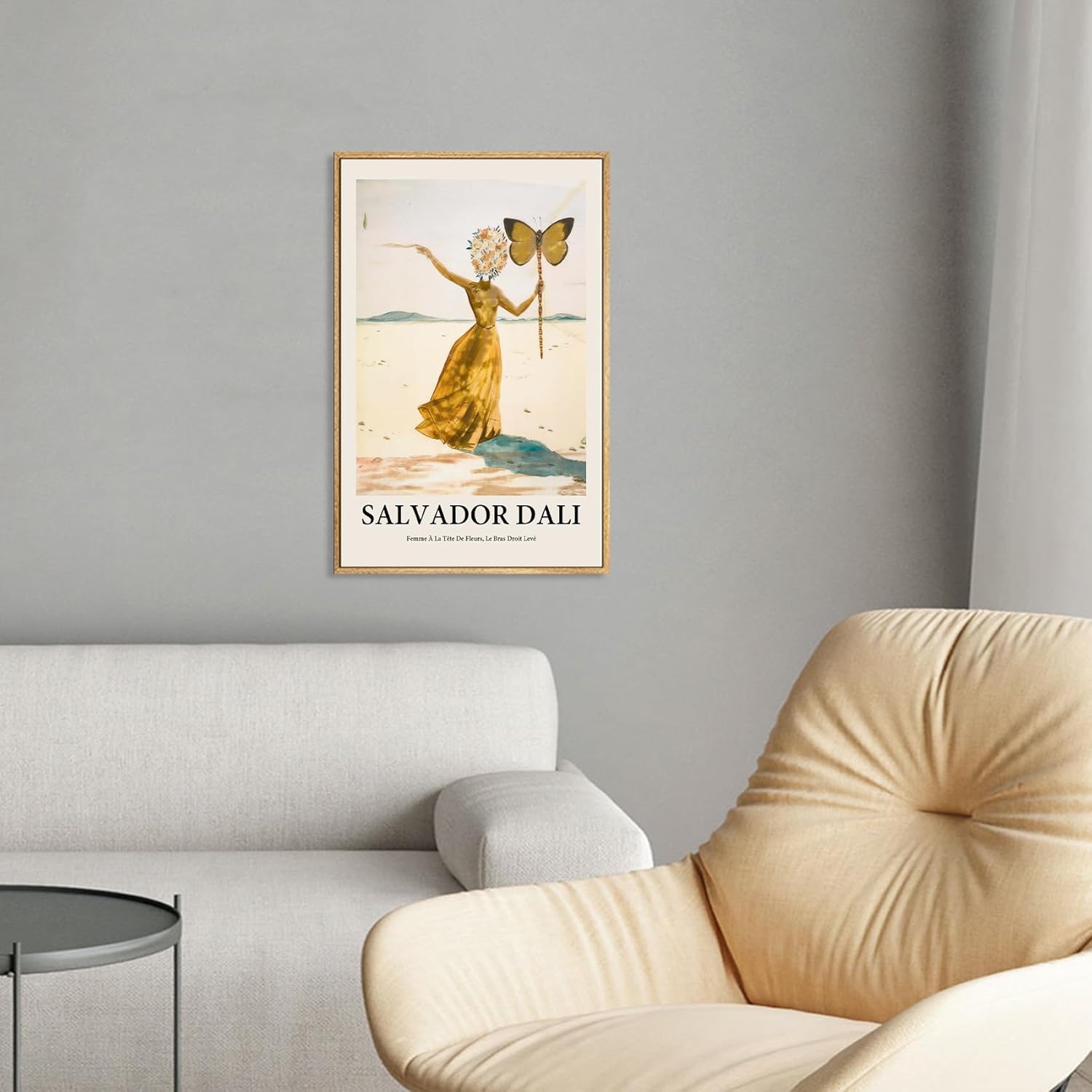 Gufro Framed Canvas Print Wall Art,Femme À La Tête De Fleurs, Le Bras Droit Levé By Salvador Dali,Bedroom,Office-16''x24''Natural Framed
