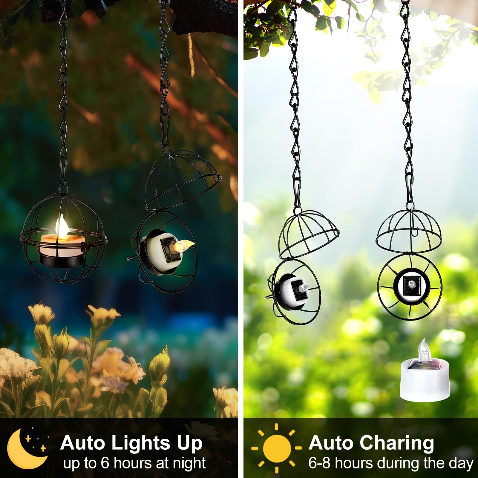VIHOSE Confezione da 4 lanterne solari da appendere per esterni, portacandele a sfera con luci solari da appendere all'albero, impermeabili, idee per cortile, pergola, albero, recinzione, decorazione