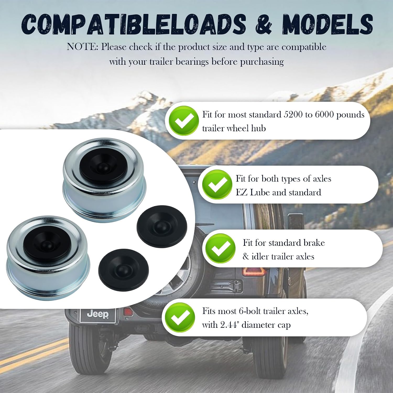 4PCS 2.44" Trailer Hub Grease Cap with 8PCS Rubber Plugs,Trailer Bearing Dust Cap Fits Most 5200-6000 Pound Axles for Dust Protection,Trailers Hub Caps for Trailers,RV