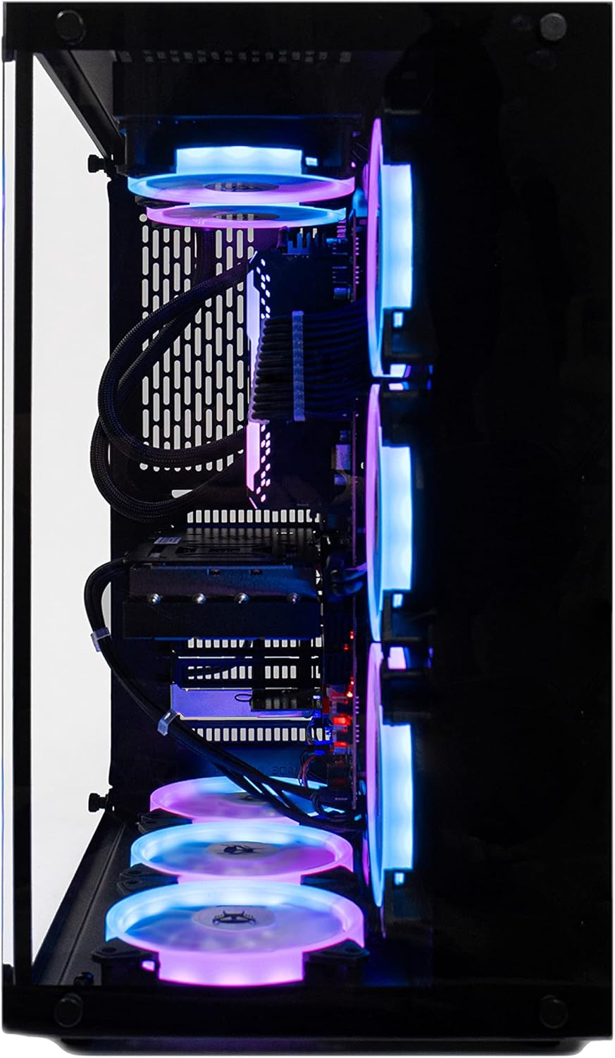 Side view of the BEASTCOM Q7 Hero Gaming PC, showing the internal components and vertical fan alignment.