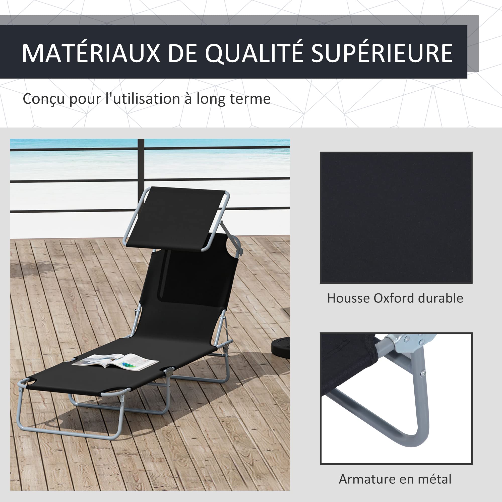 Outsunny Lot de 2 Transats Pliable Dim. 187L x 58l x 36H cm Noir